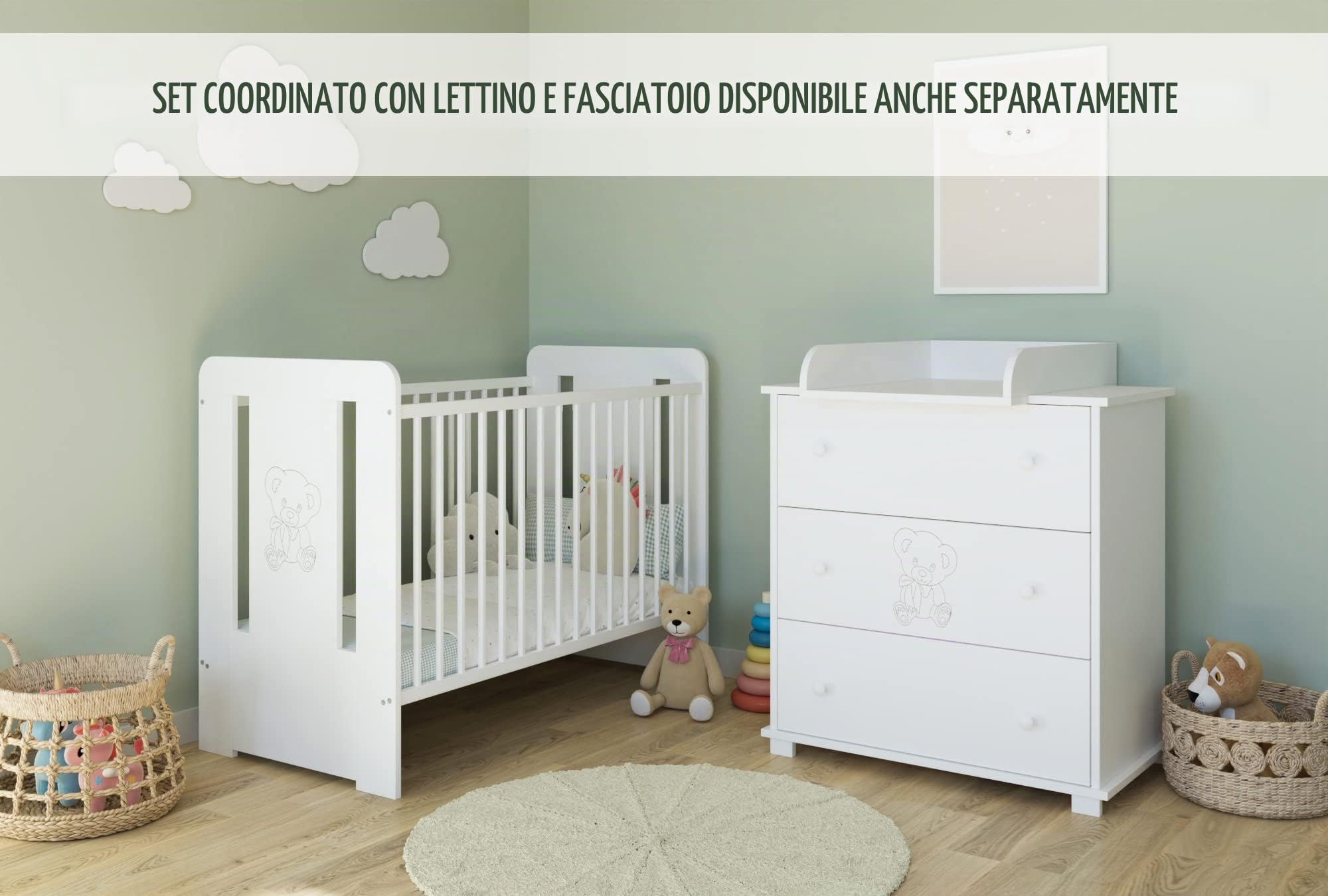 Kids Collective Cassettiera fasciatoio Fasciatoio con attacco per fasciatoio con 3 cassetti e incisione orsacchiotto in bianco Made in Europe