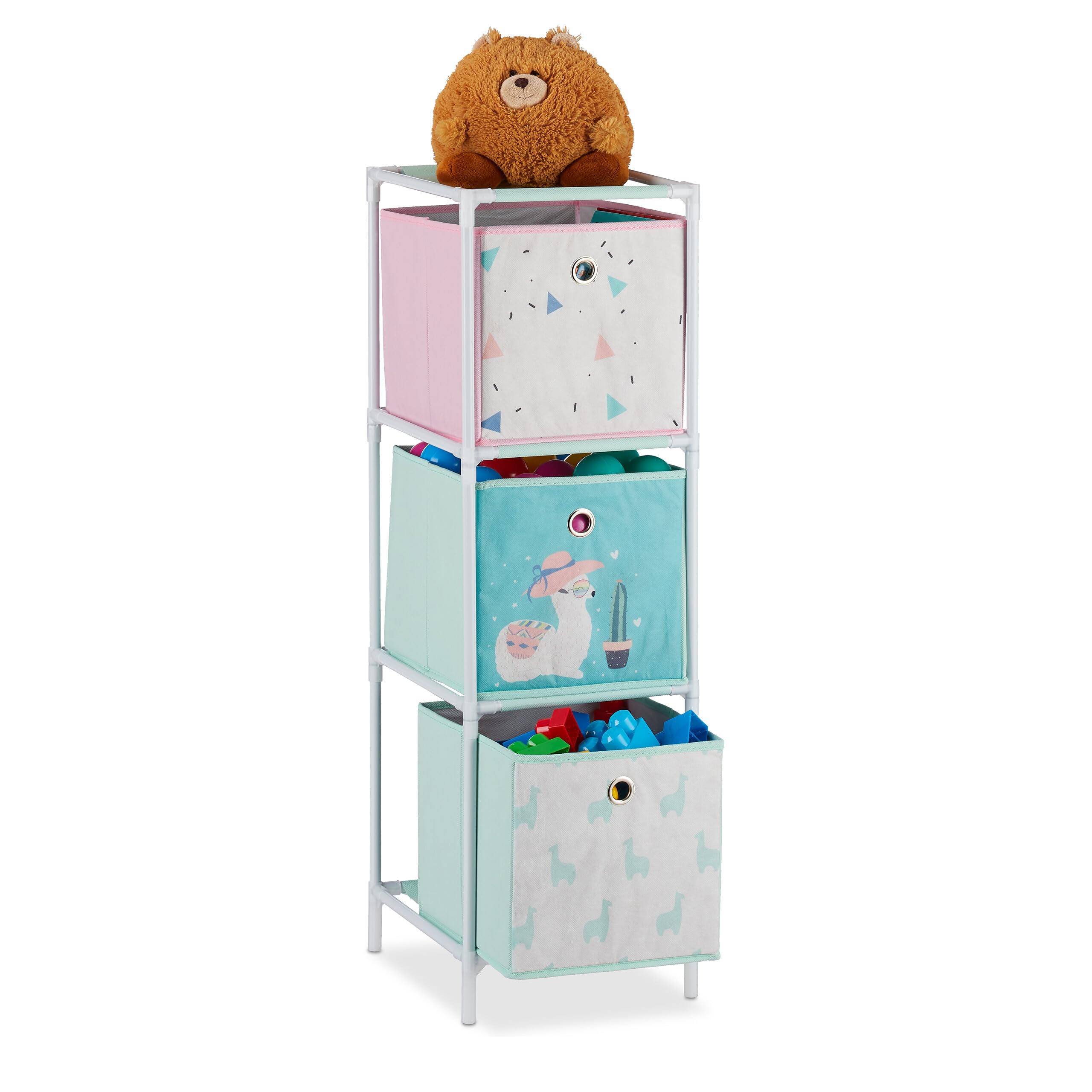 Relaxdays Kinderregal mit 3 Boxen – Lama-Design, bunt, H x B x T ca. 89 x 27,5 x 30 cm