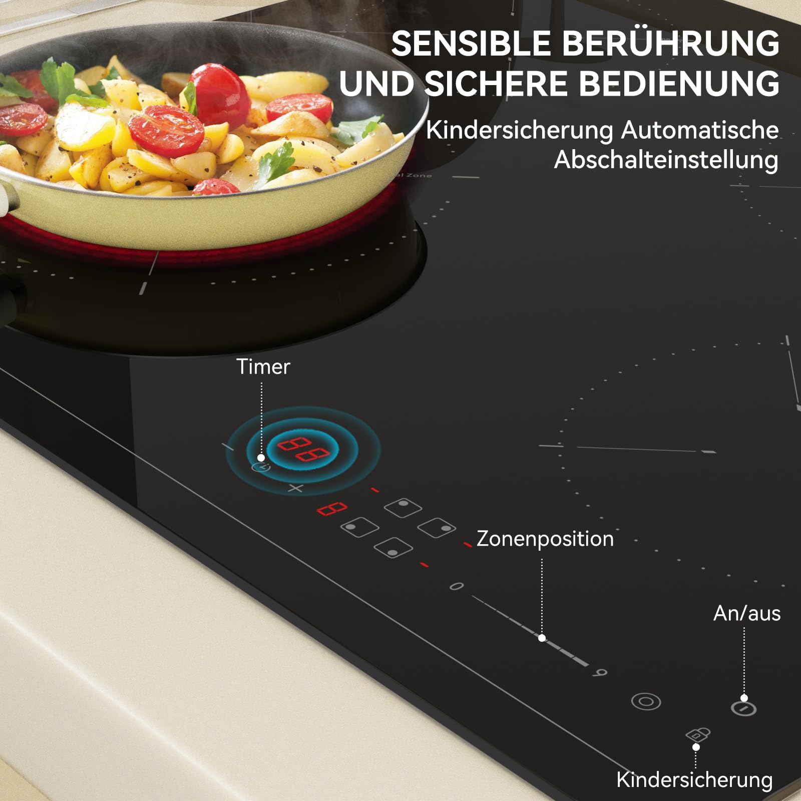 Hermitlux Glaskeramikkochfeld 59cm 4 Platten mit Duale und Ovale Zonen, 9 Heizstufen, 7200 W, Timer, Kindersicherung, Geeignet für alle Pfannen, Kein Stecker