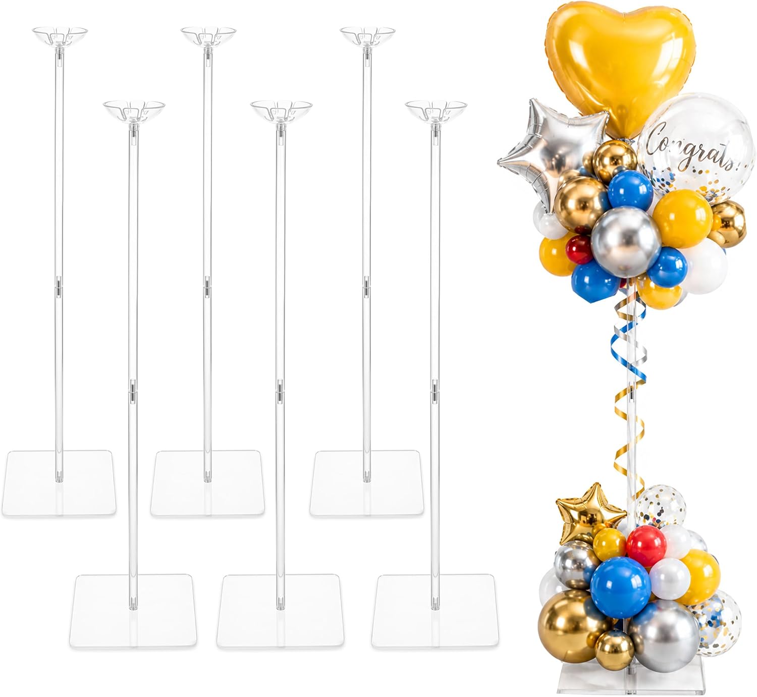 6-Pack Clear Acrylic Balloon Stand Kit, Adjustable Height 11.81–23.62 Inches, Reusable Balloon Stick Holder with Base—Perfect for Tabletop Centerpieces, Birthdays, Baby Showers, and Party Decorations