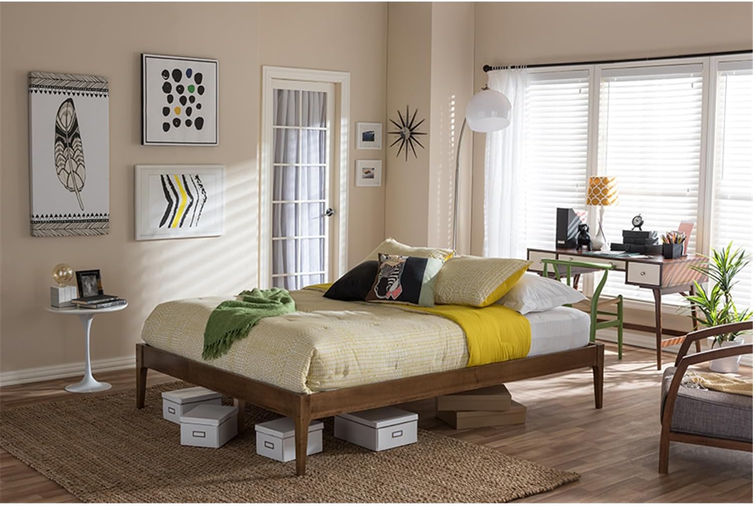 HomeStock Queen Size Bed Frame Solid Wood Platform Bed Walnut Finish Modern Style Headboard Footboard
