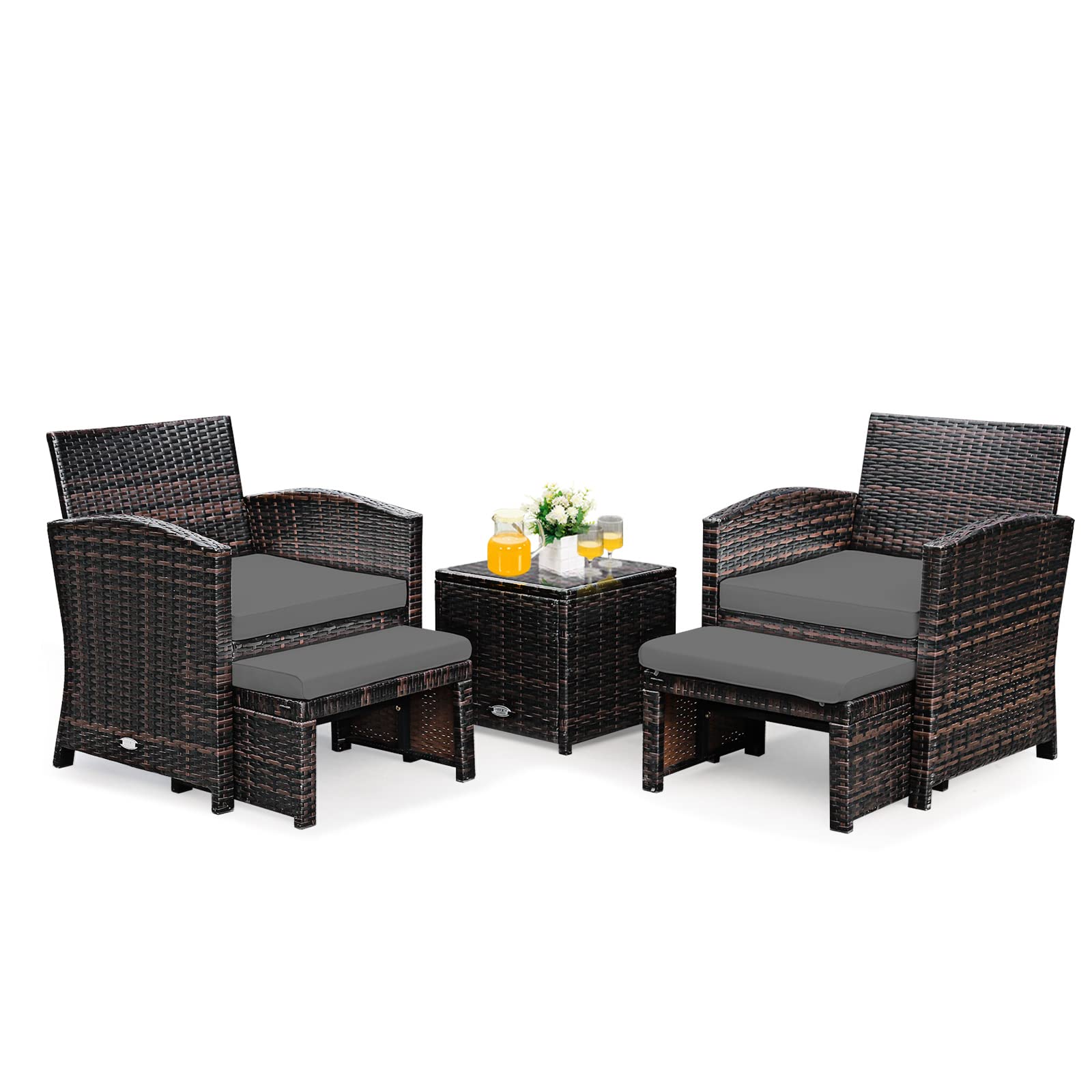 GOPLUS Mobiliario de jardín de 5 piezas, de ratán sintético, conjunto de muebles de jardín compuesto por 1 mesa, 2 sillas y 2 otomanas, cojines con funda extraíble y lavable, bar, terraza (gris)
