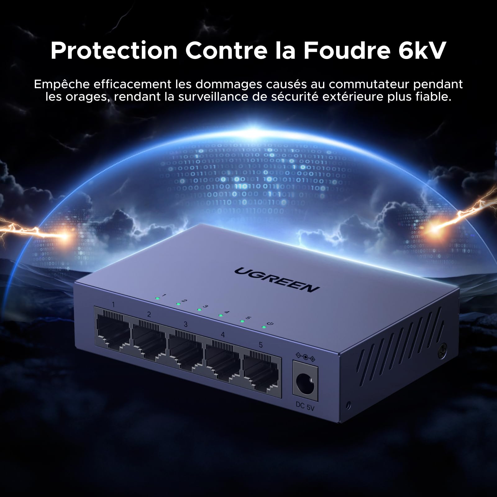 UGREEN 5 Ports Switch Ethernet Gigabit Hub Ethernet 1000Mbps Administrable Web Switch RJ45 Plug et Play Support VLAN QoS Link Aggregation IGMP Snooping Boitier Métal