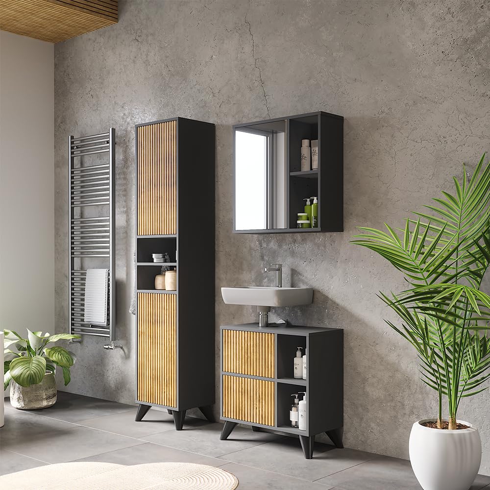 Vicco Mobiletto da bagno Leano, Antracite/quercia di montagna, 38 x 180 cm con 2 porte, adatto per la conservazione di articoli da bagno e asciugamani