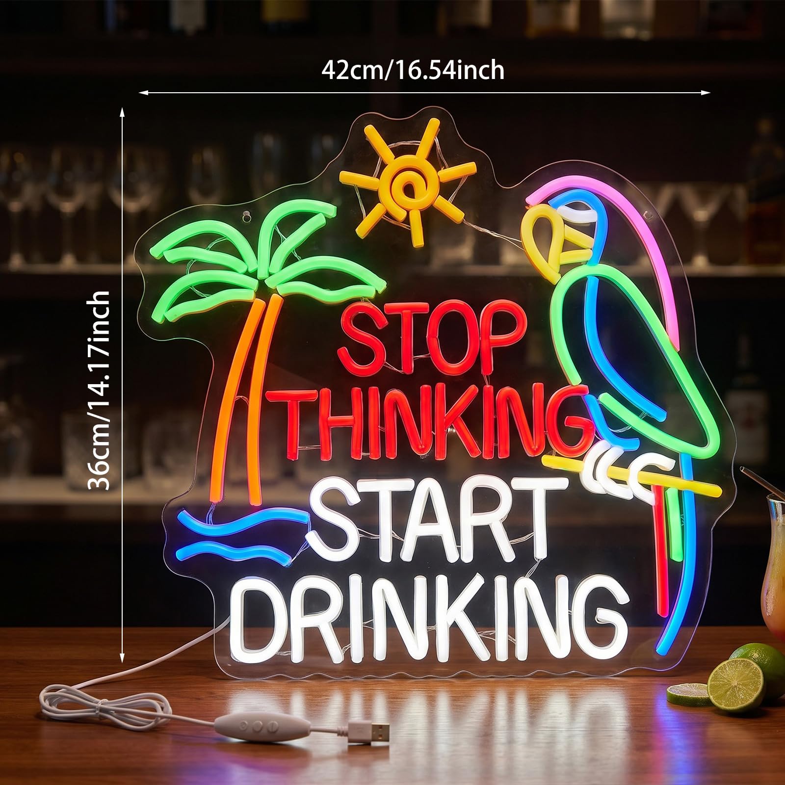 Zhengmy Insegna al neon per decorazione da parete Stop Thinking Start Drinking Bar Decorazione per feste USB Alimentata a batteria Pappagallo Palma Tramonto Lettera dell'alfabeto Lettera LED per la