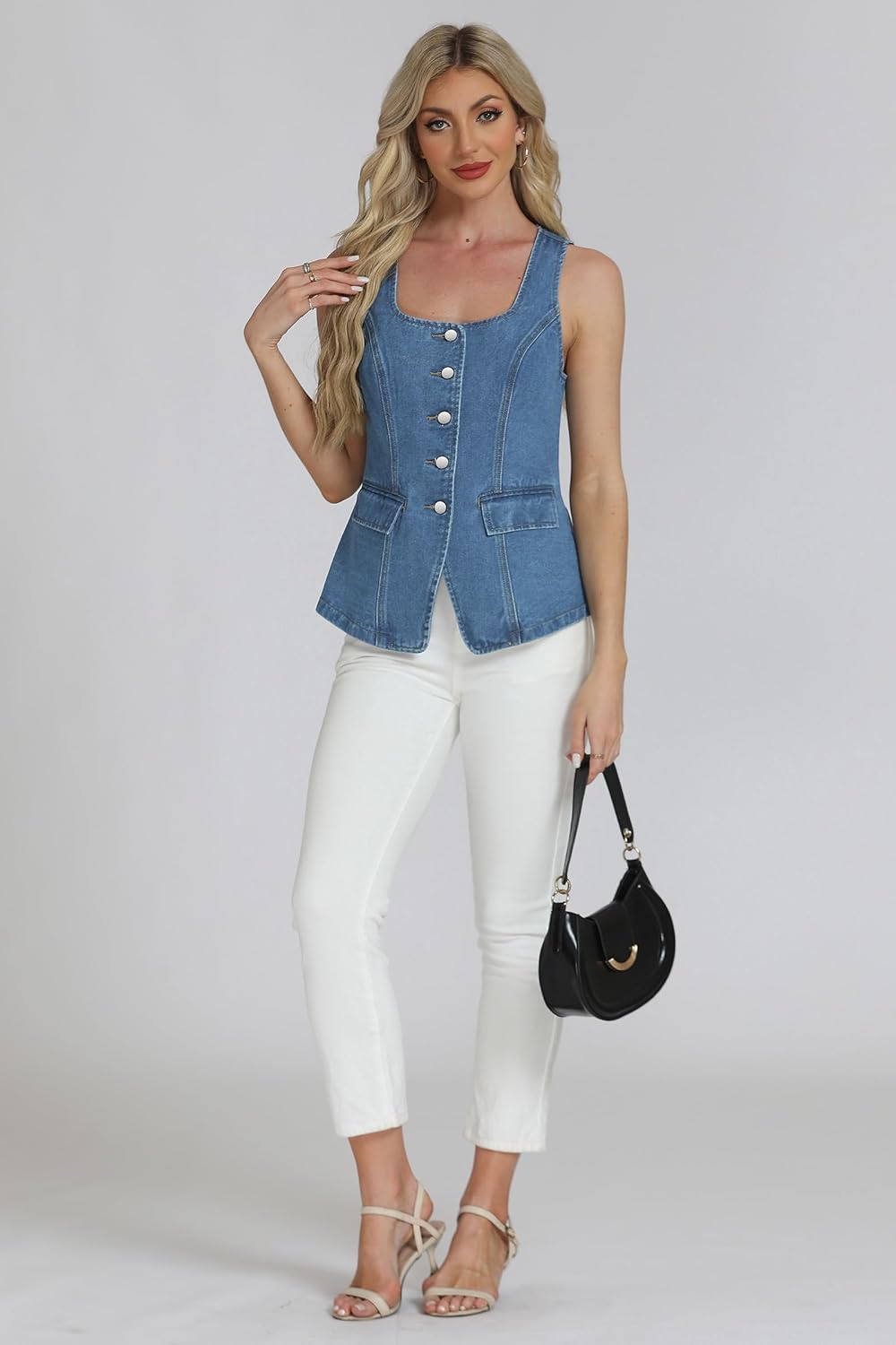 D-Sun Womens Sleeveless Vests Square Neck 2025 Button Down Business Work Suit Vest Tops Outerwear Waistcoat - Image 6