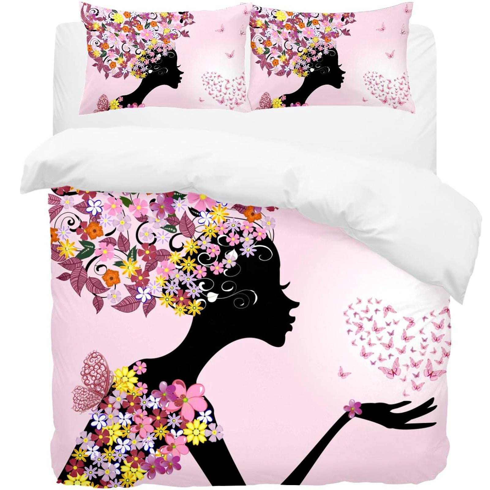 Housse de couette papillon rose pastel avec ses deux taies d'oreiller assorties