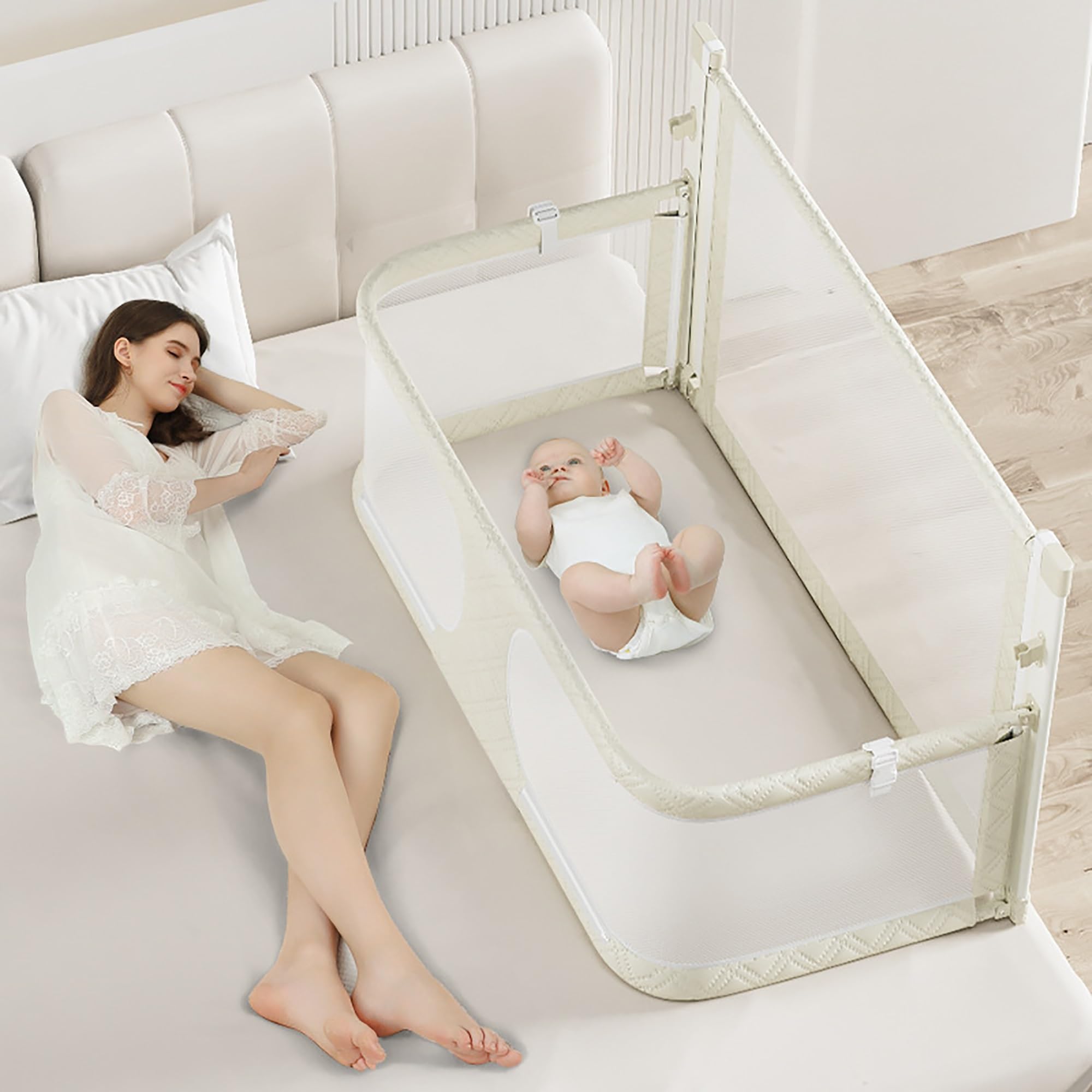 3-in-1-Babywiege, Beistellbett Baby, Babybett, reisebetten Baby, Babyseitenschläfer, atmungsaktives und sichtbares Netzfenster, Babybett am Bett der Eltern befestigt(Milky White)