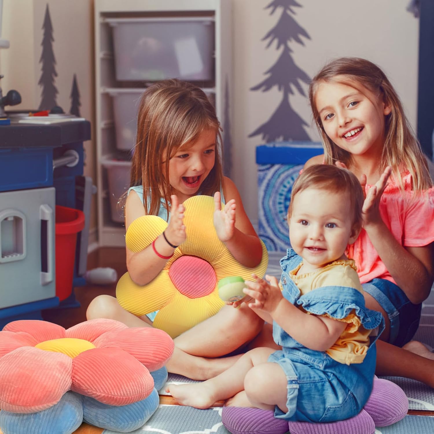 CIEOVO 4 Pcs Plush Throw Pillows, 16 Inch Cute Daisy Shaped Floor Cushions, Aesthetic Seat Cushions for Home, Kids Seating, Bedroom Sofa Decor