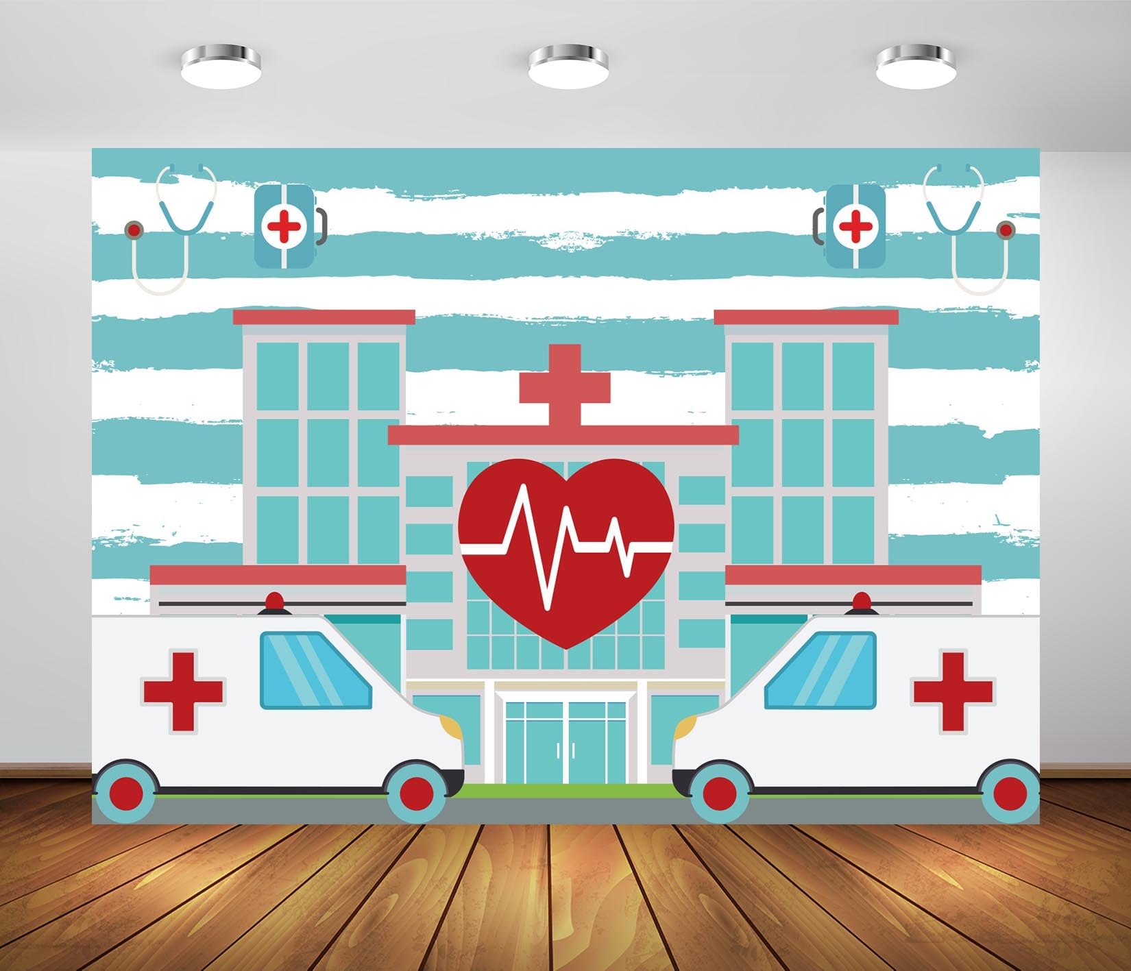 CORFOTO 7x5ft Fabric Cartoon Hospital Backdrop - Ambulance Medical Kit Doctor Nurse Graduation Party Decorations Banner