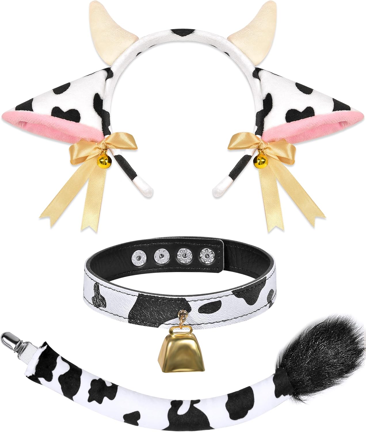 MUKOSEL Cow Costume Set - Ears Headband, Print Bell Collar Choker and Cow Tail, Costume Accessories for Adult Women Animal Halloween Cosplay Dress Up