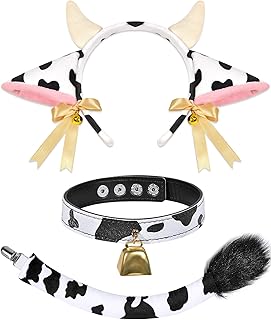 Cow Costume Set - Ears Headband, Print Bell Collar Choker and Cow Tail, Costume Accessories for Adult Women Animal Halloween Cosplay Dress Up