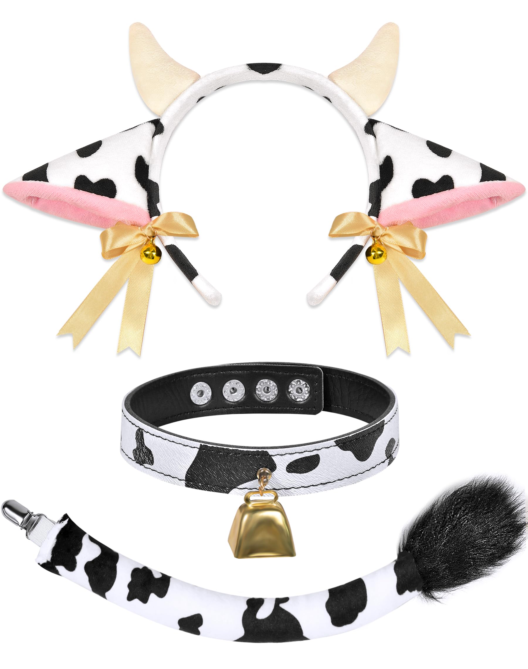 MUKOSEL Cow Costume Set Cow Ears Headband and Cow Print Bell Collar Set, Cow Ears Costume Accessories for Adult Women Animal Costume Headwear Halloween Cosplay Dress Up