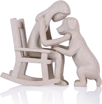 Dog Decor Statue, Cute Girl and Dog Decor Small Sculpture for Home Accent, Living Room, Office, Mantle, Bookshelf, Desktop, Floating Shelves, Memory Gifts for Pet Lovers Sandstone