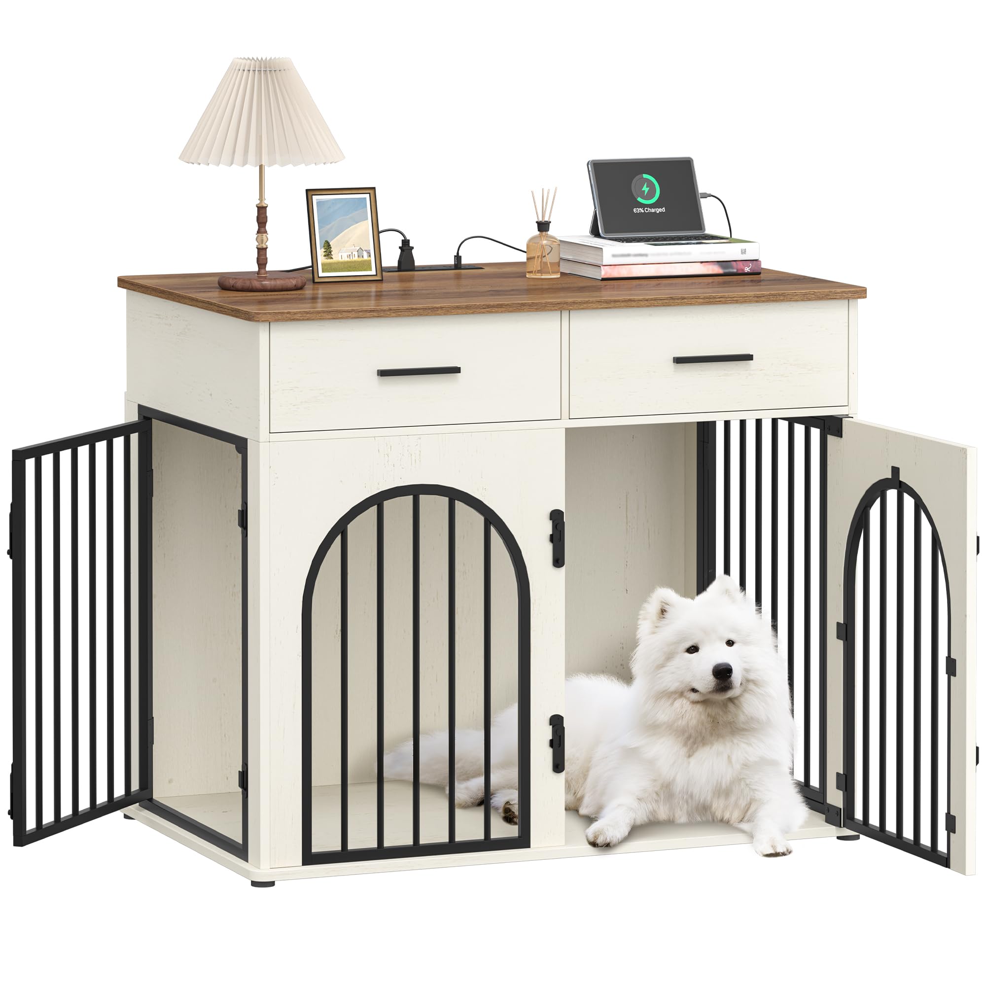 Hzuaneri 110 cm Cage pour Chien avec 2 Tiroirs de Rangement, Meuble Cage pour Chien d'intérieur avec Station de Charge, Heavy Caisse en Bois pour Chiens de Taille Grande, Blanc et Marron DFC88214BEU