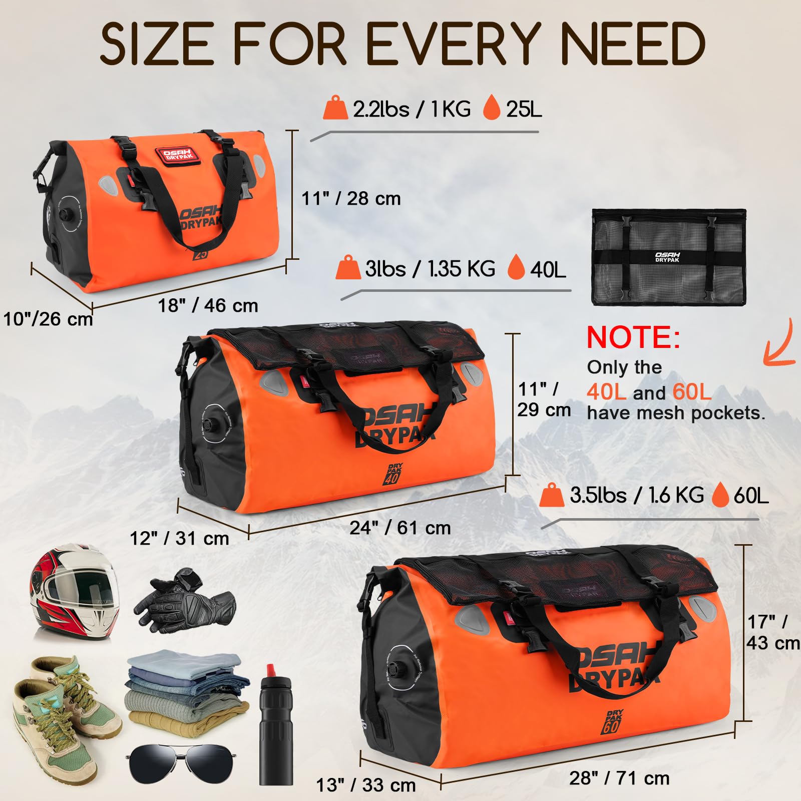 OSAH DRYPAK Bolso de Lona Impermeable - Bolsa estanca para Moto con Gran Capacidad de Almacenamiento, Viajes, Acampada, Kayak, Pesca