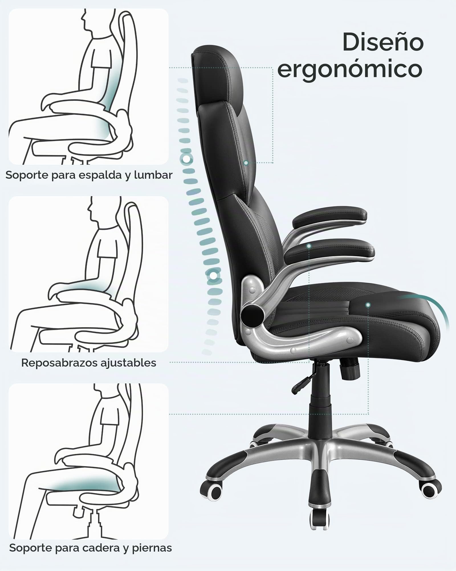 SONGMICS Silla de Oficina, Silla Gaming Ergonómica, Mecanismo de Inclinación, Apoyabrazos Plegables, Ruedas Universales, Altura Ajustable, Silla Racing, Negro Tinta OBG65BK