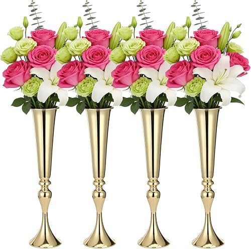 4 Pcs Tall Gold Vases, Metal Trumpet Flower Vases for Wedding Table Centerpieces, Decorative Flower Stands, Floral Display Stands for Ceremony, Event, Party