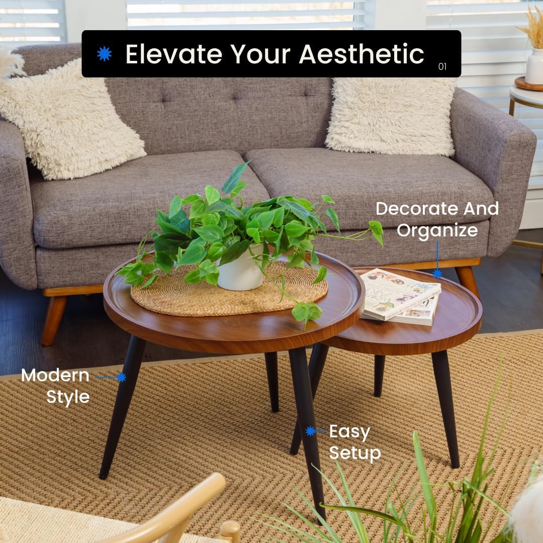 Round Coffee Table Set of 2 - Modern Nesting Design, Wood & Metal Small Tables for Living Room, Space-Saving Center Tables for Small Spaces, Industrial Style Furniture (23.6” & 19”)