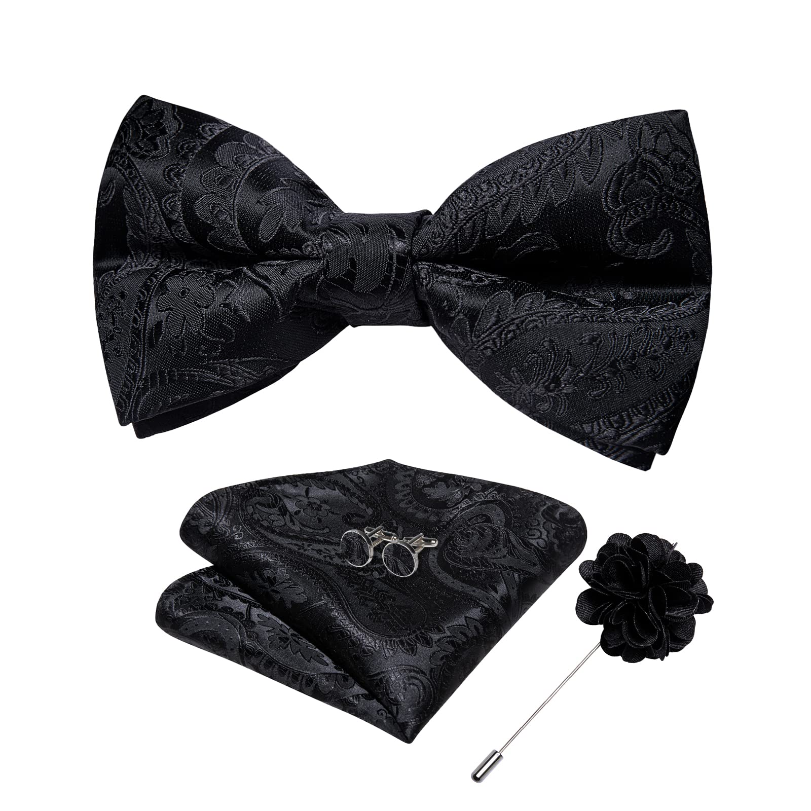 DiBanGuSilk Bow Tie for Men with Pocket Square Lapel Pin Cufflinks Self Tied Bowtie Set