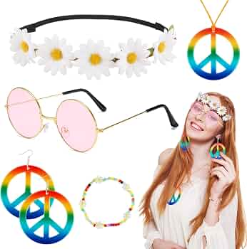 Lot Hippie – Collier Paix + Boucles D'oreilles Peace – Look 70's Pour Festival Et Soirée