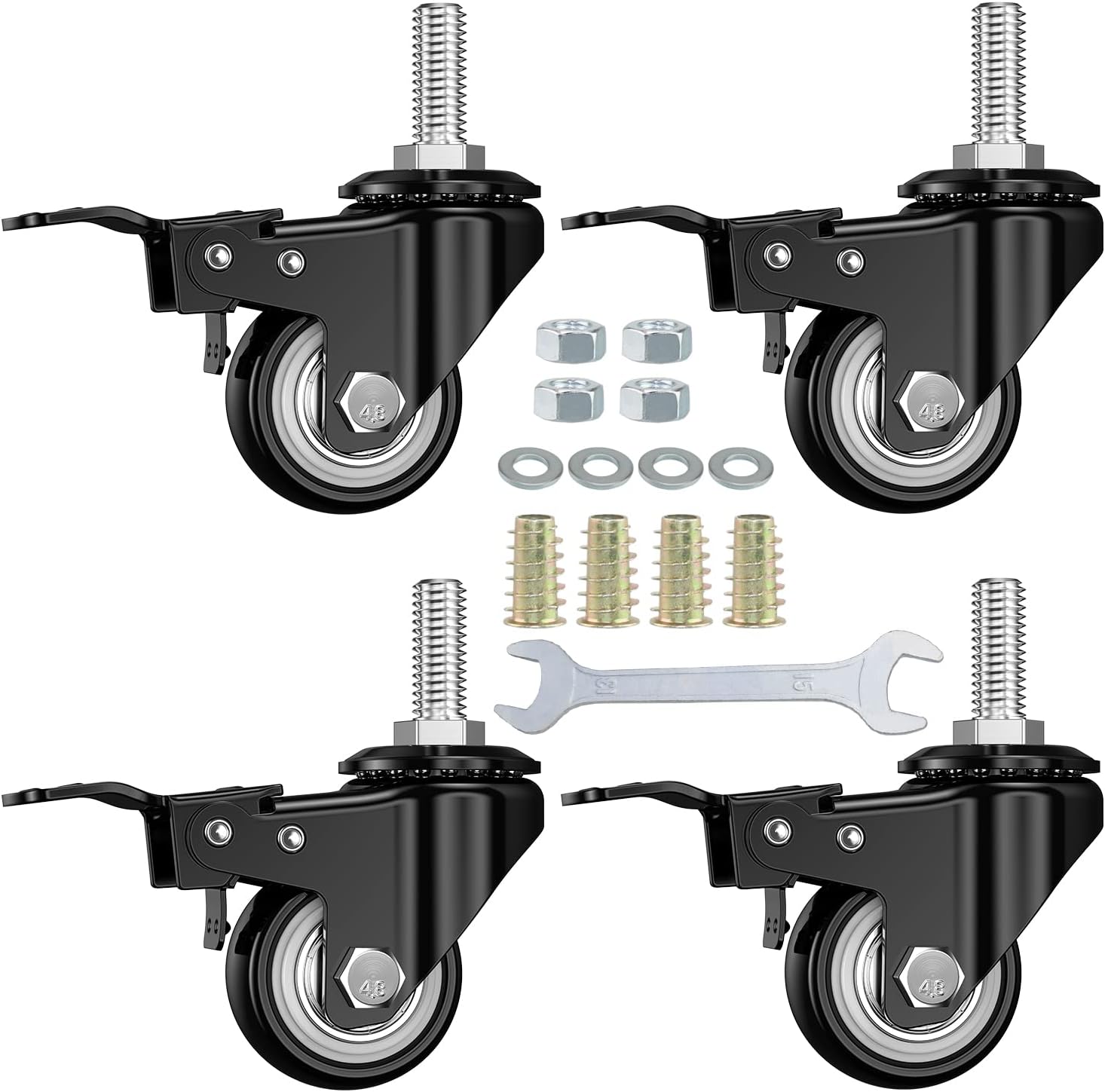 DICASAL1.5 Inch Stem Casters, Double Brakes Black PU Imperial Inch Screw Thread 360 Swivel Caster Wheels for Furture Carts DIY Stands 4 Pack