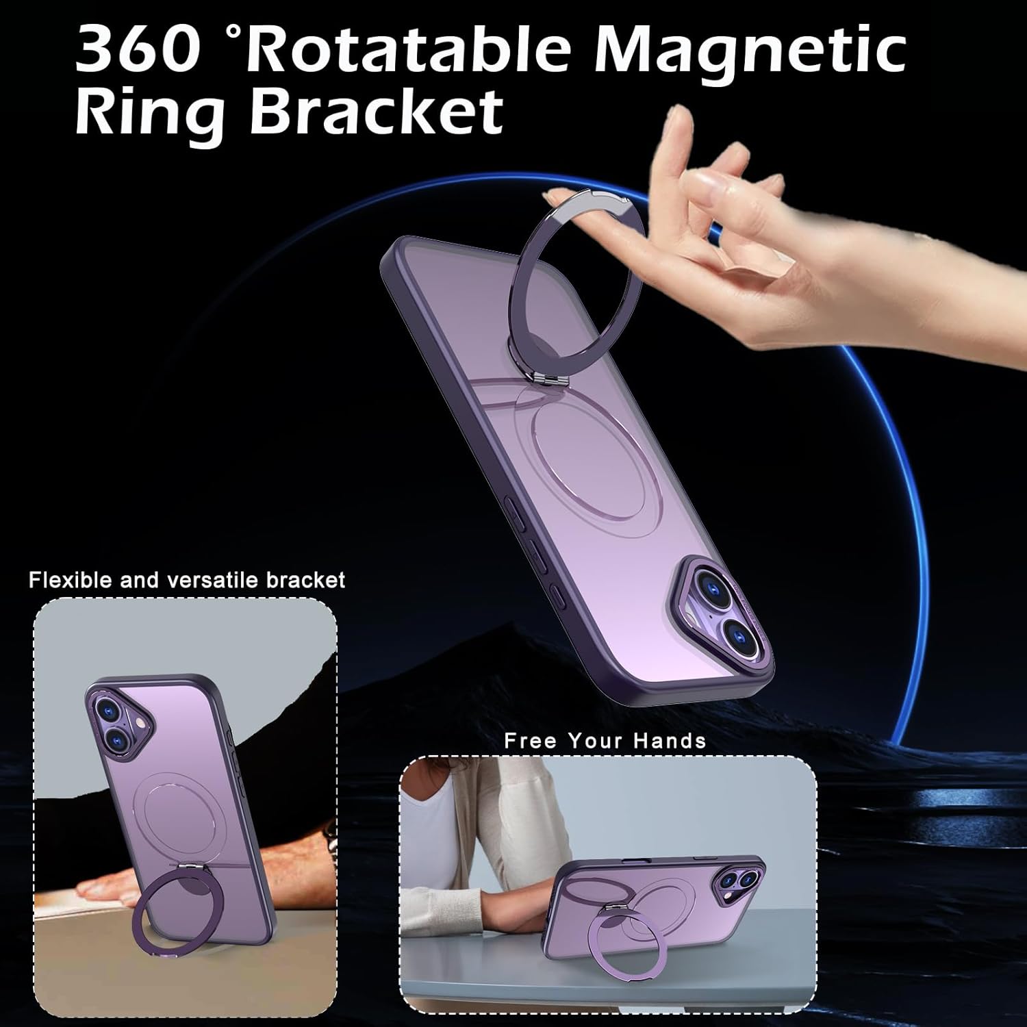 IYH Magnetic Case for iPhone 16 6.1 inches, 360° Rotatable Ring Stand, MagSafe Compatible, Military-Grade Shockproof, Translucent Design Skin-Feel TPU Frame(Purple)