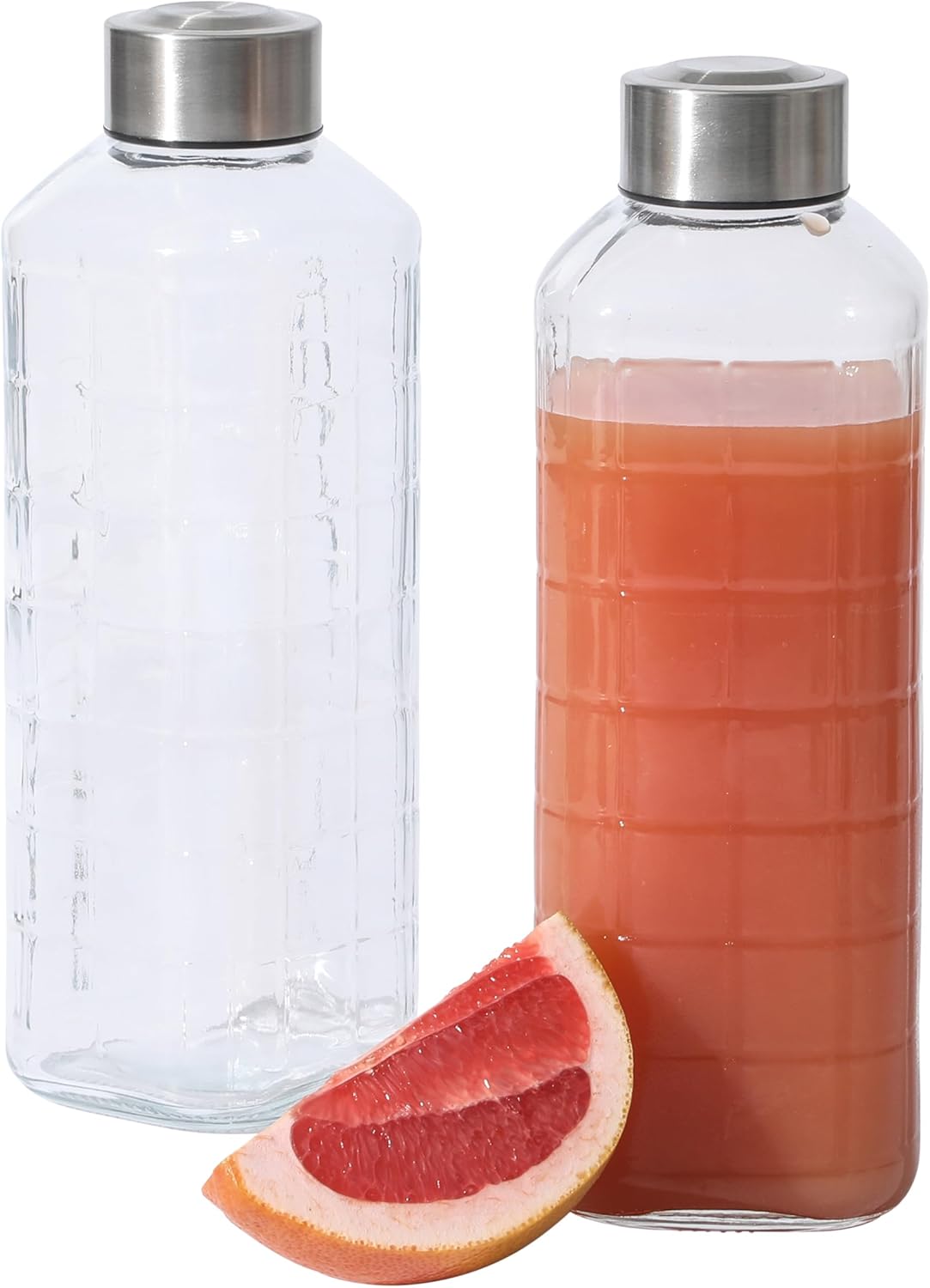 Gibson Home Whistler Peak 2 Pack 33 OZ (1 Liters) Large Embossed Reusable Glass Bottles w/Airtight Leakproof Stainless Steel Lid, Pitcher for Water, Milk, Juice – Dishwasher Safe