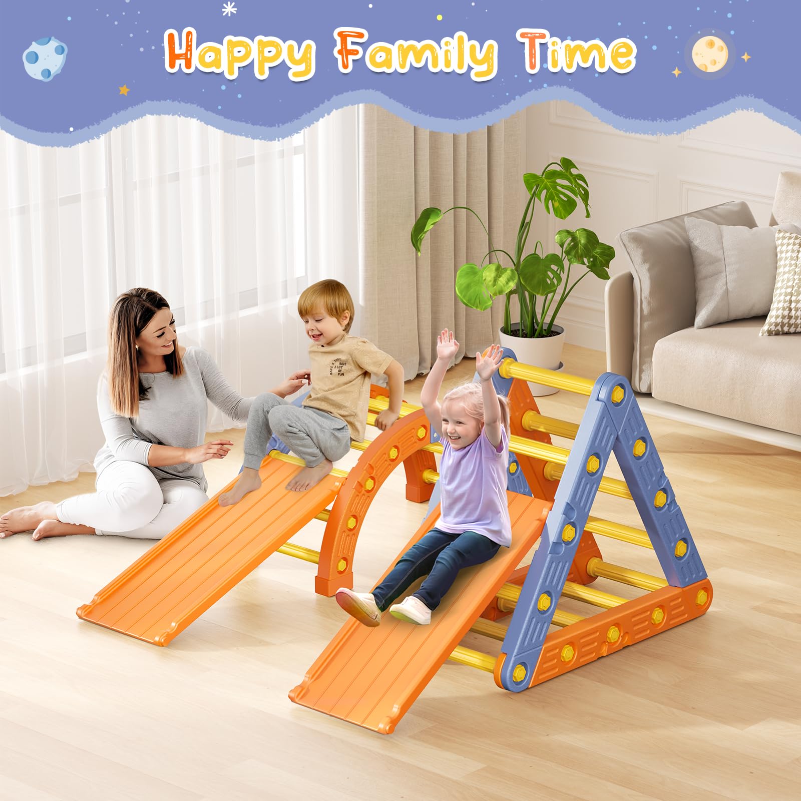 Montessori Klettergerüst Set, Indoor Kletterdreieck mit Dreieckiges Klettergerüst,Halbkreis, Leiter,Rutsche aus Kunststoff Kletterturnhalle für Babys (Orangeblau 005)