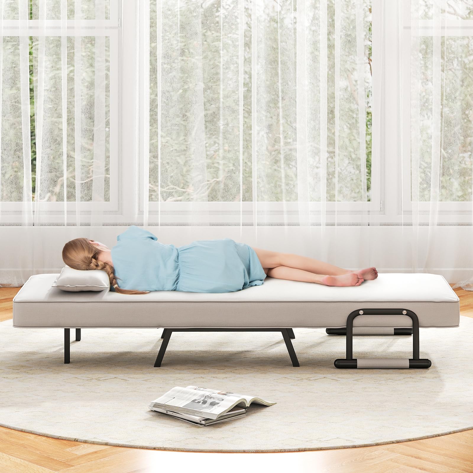 GOPLUS Sofá Cama Individual, Sillón Relax Reclinable 4 en 1 con Respaldo Ajustable en 6 Posiciones, Almohada y Orejero, Butaca de Salón 1 Plaza para Oficina, Salón, Carga 150kg (Blanco)