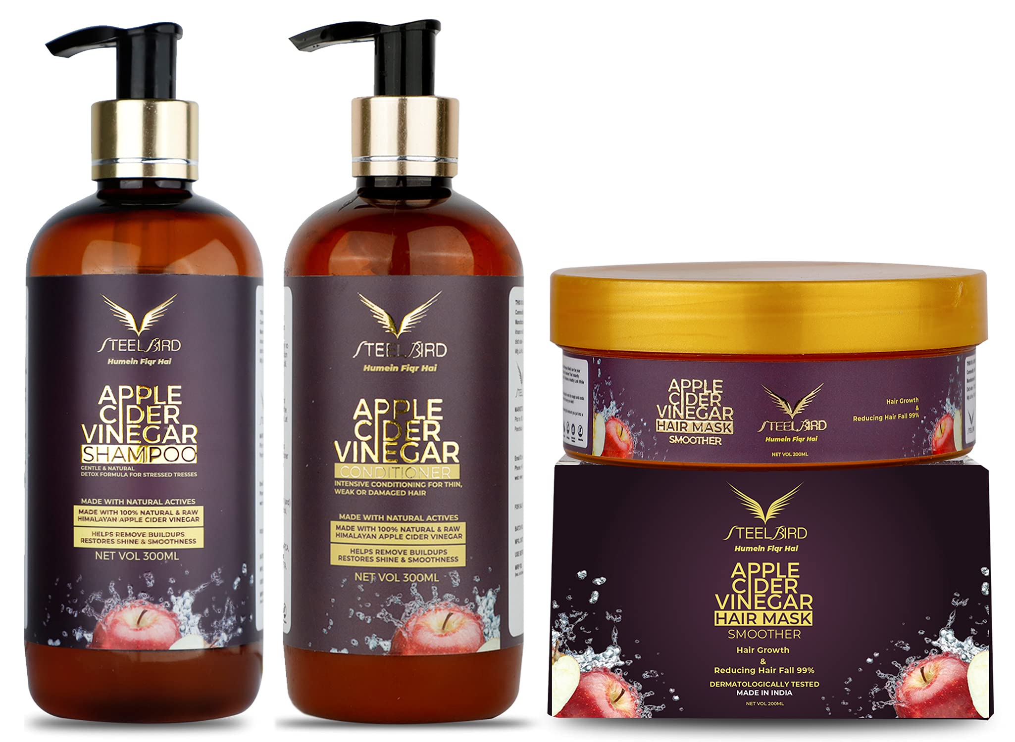 Steelbird Hair care Combo | No Parabins, Sulphate, Silicons | Dermatologically Tested Products (ACV SHAM + COND + HM)