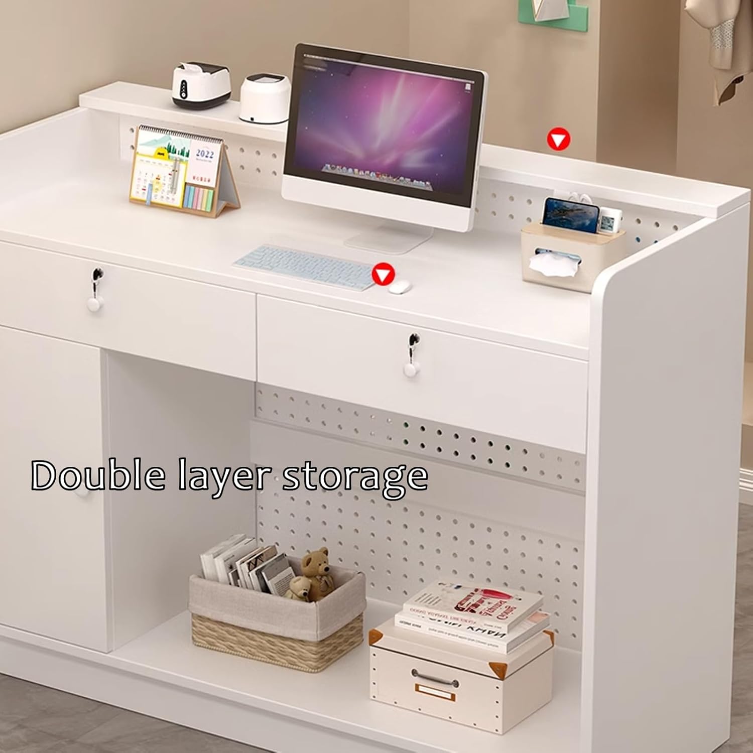 JKGHK Reception Desk, Modern Front Desk Reception Room Table with Perforated Board, Retail Checkout Counter with Lockable Drawers, for Retail, Lobby, Beauty Salon(Brown,23.6in/60cm)