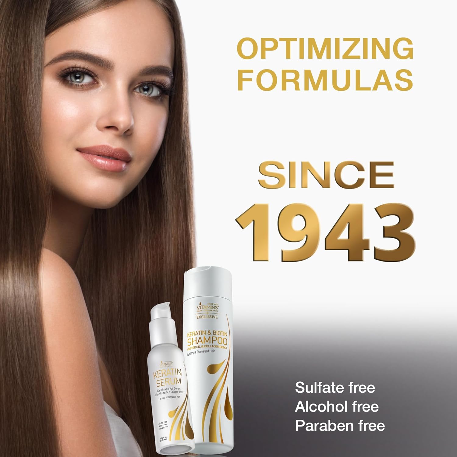 VITAMINS hair cosmetics Keratin Serum & Shampoo Kit, Weightless Heat Protectant Anti Frizz Serum & Protein Clarifying Shampoo Set for Color Treated Frizzy Dry Damaged Hair & Scalp, Shine & Gloss Boost