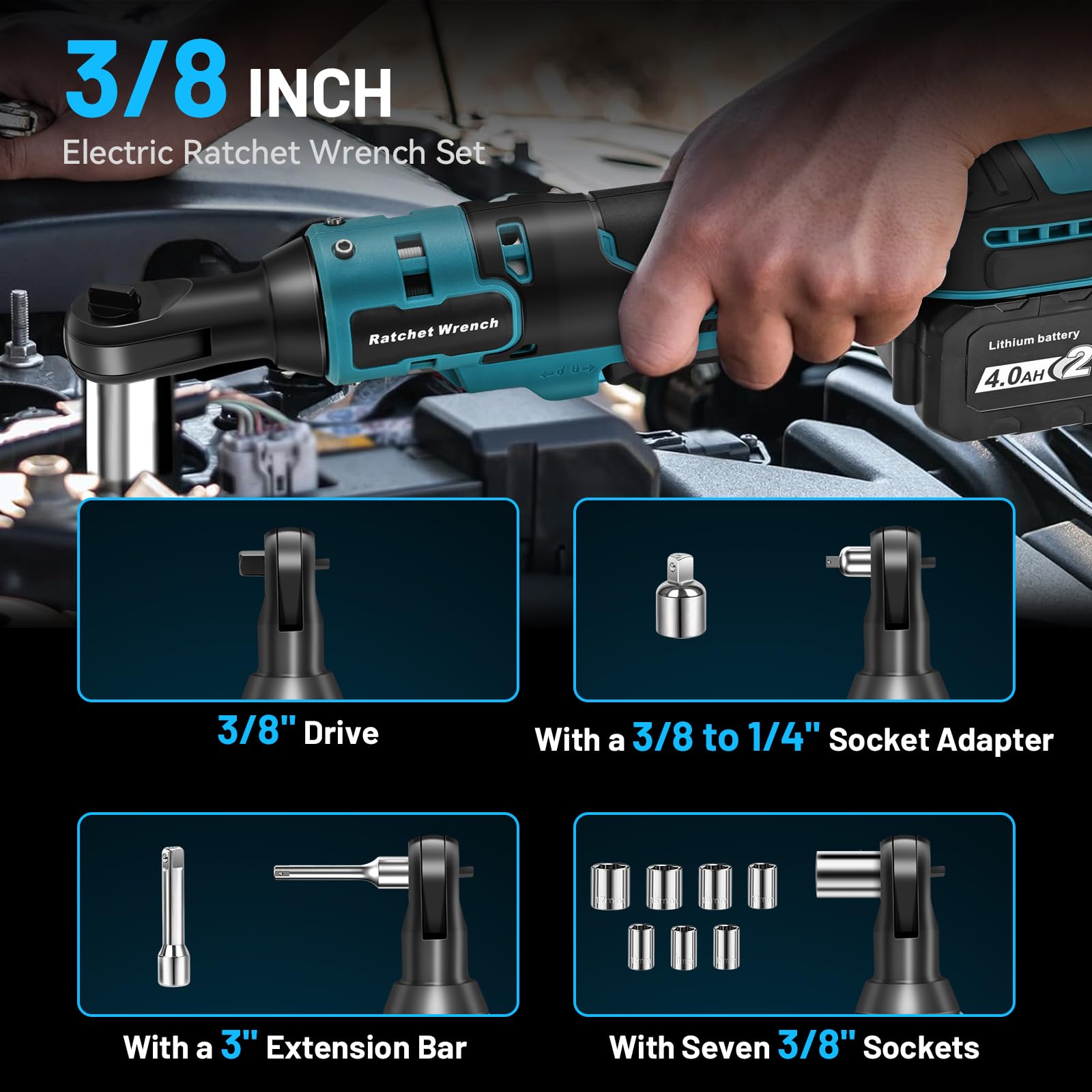 Yofuly Llave de Carraca Compatible con Baterías Makita de 18V, 2 × 4000 mAh Baterías Carraca Electrica 3/8" 60 Nm, 320RPM Llave de Trinquete con 9 Llaves de Vaso, Disparador de Velocidad Variable