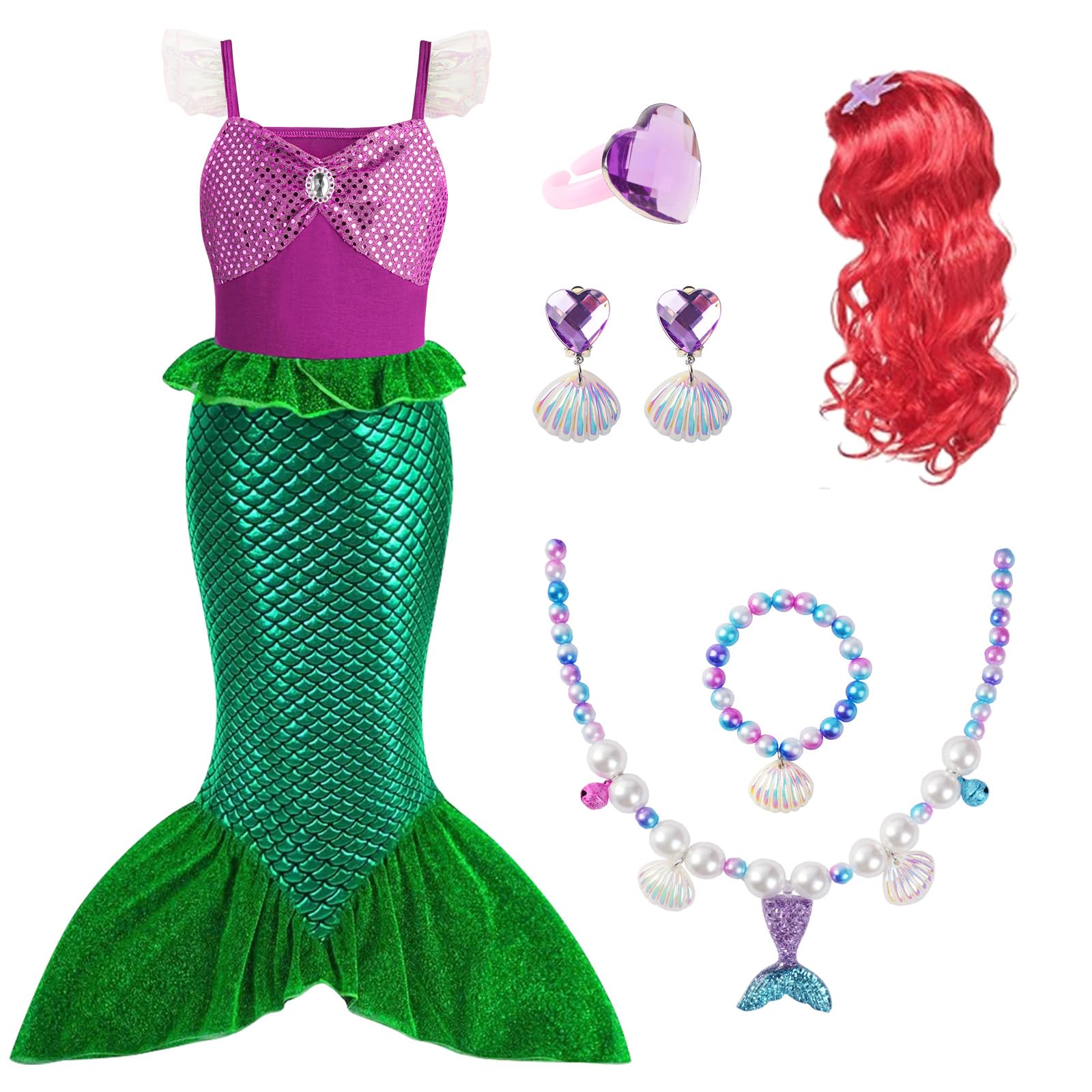 AOOWU Meerjungfrau Kostüm Mädchen, 6-Teiliges Set Meerjungfrau Kleid Mädchen mit Perücken, Halsketten, Armbänder, Ohrringe, Ringe, Kostüm Kinder für Karneval Party Halloween Weihnachten Cosplay（120cm）