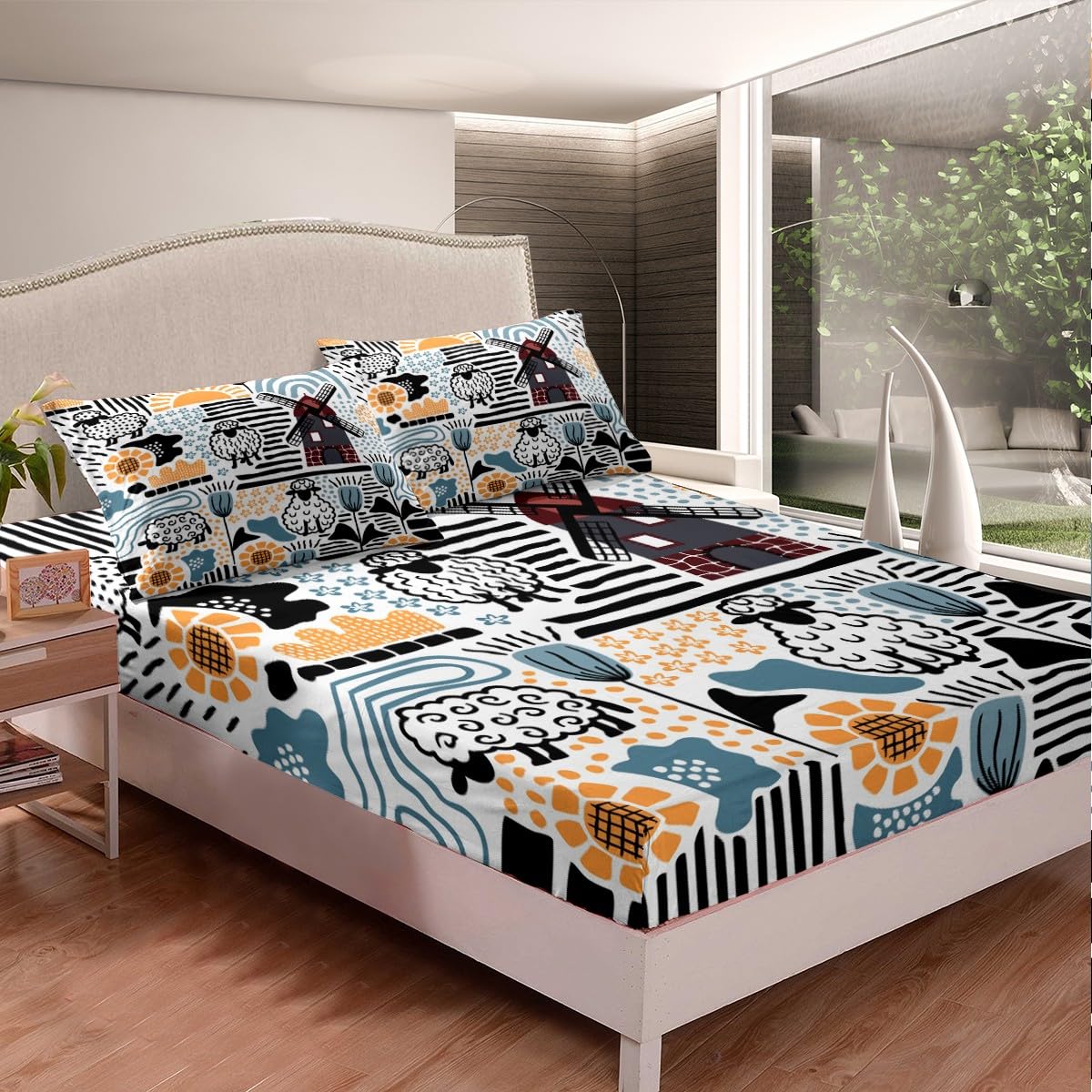 Homewish Set Di Biancheria Per Letto Matrimoniale Con Motivo Asino, Girasoli E Farfalle – Microfibra Morbida, Lenzuolo Con Angoli 135x200x40 Cm, Lenzuolo Sopra 225x225 Cm, 2 Federe 51x75 Cm - 2