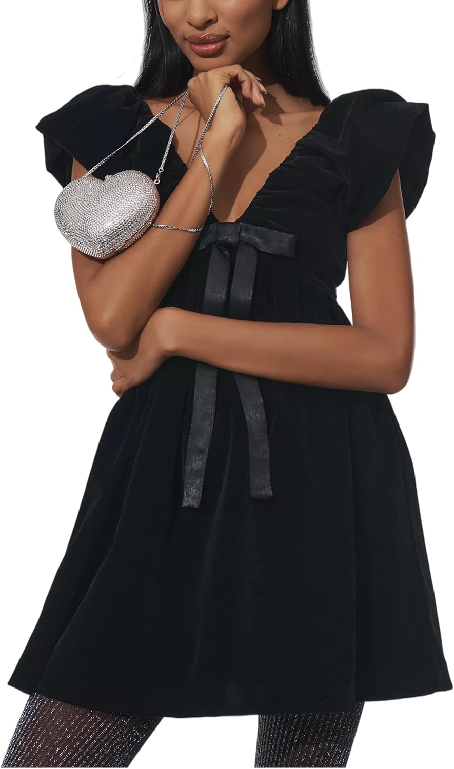 Majdan Womens Deep V Neck Velvet Mini Dress Bow Dress with Pockets Cocktail Party Winter Club Dress - Image 5