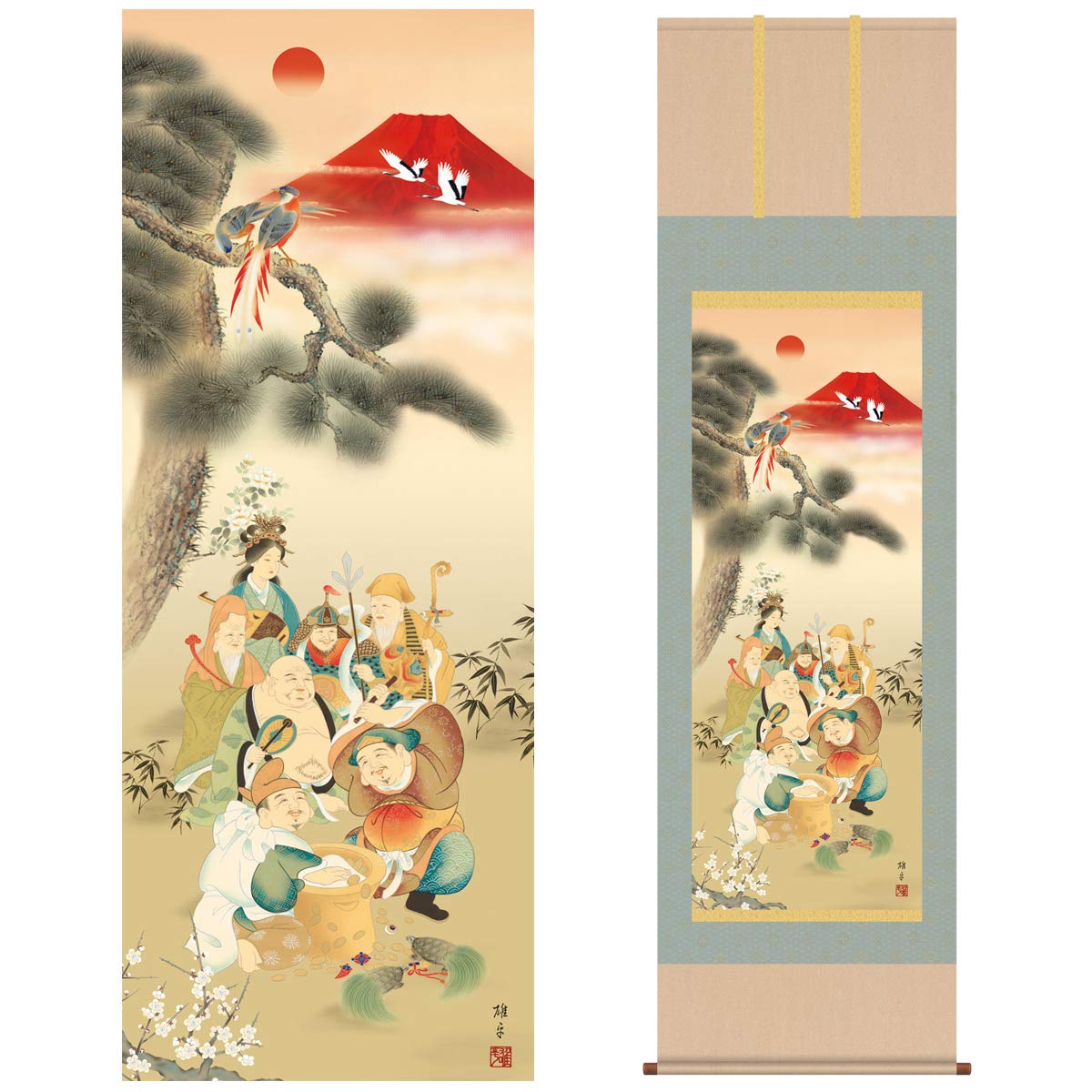 Amazon.co.jp: 掛け軸 モダン 尺三 開運画掛軸 吉祥七福満願図