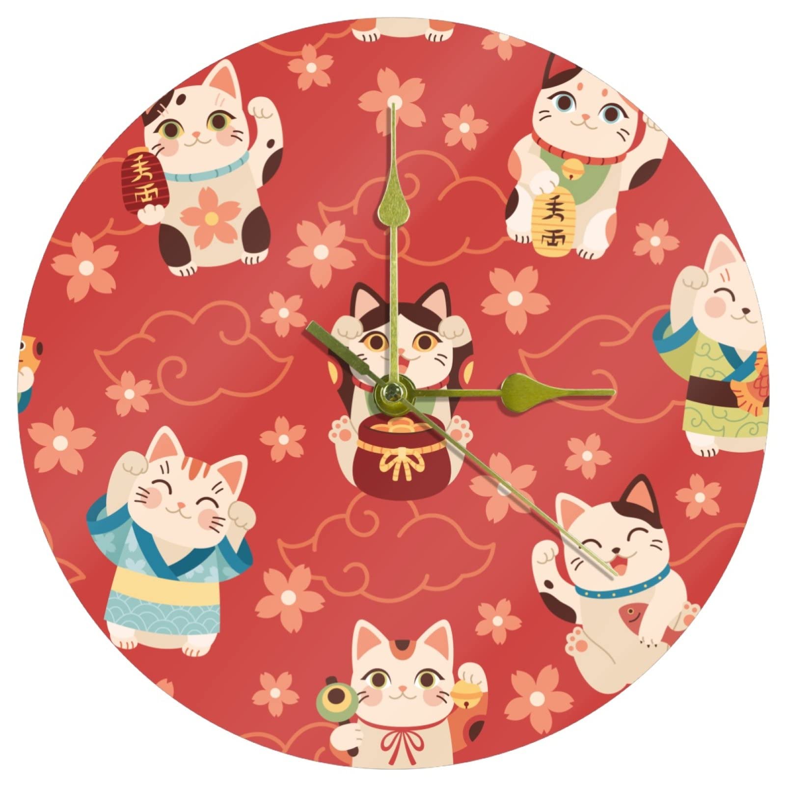 Horloge murale Maneki Neko en acrylique de 24 cm silencieuse pour salon
