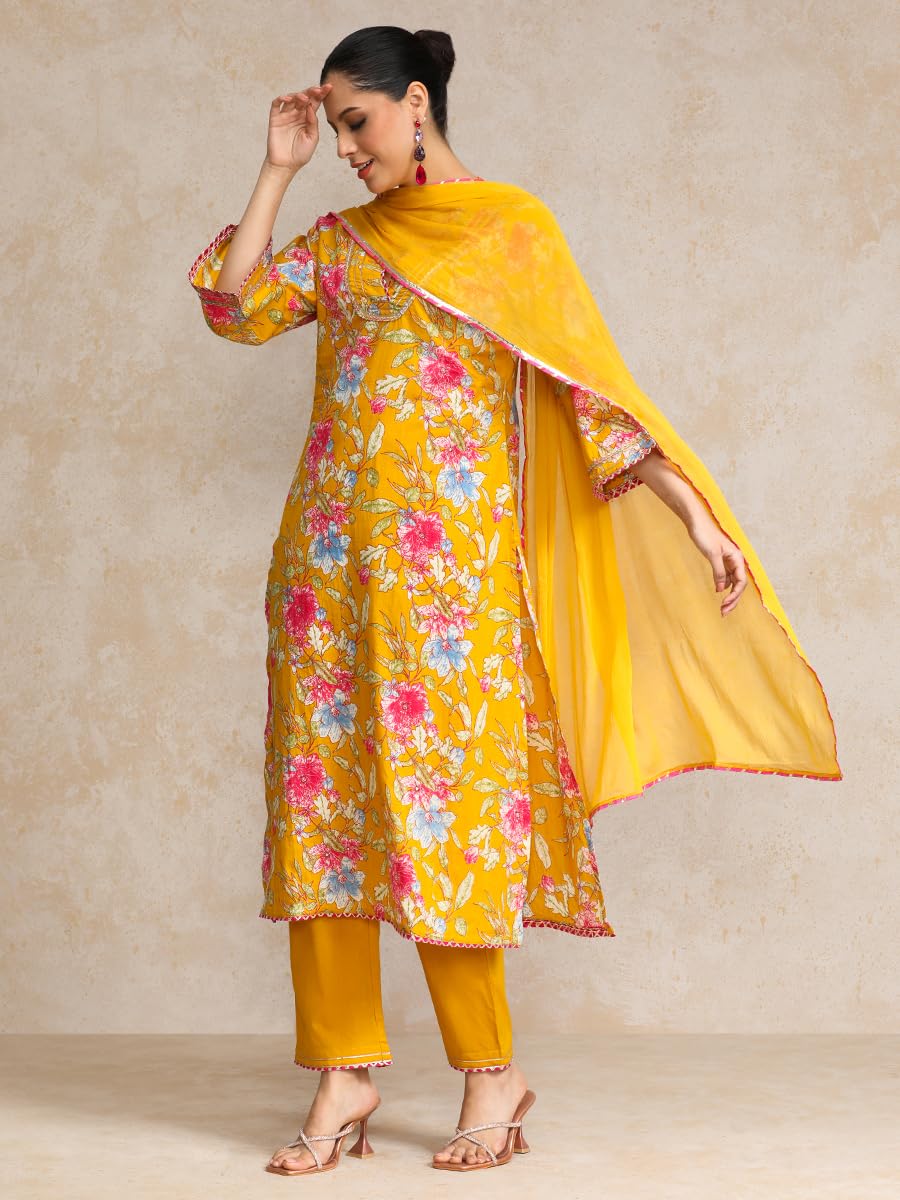 Varanga Floral Printed Boho Look Flared Sleeve Kurta With Trouser & Dupatta
