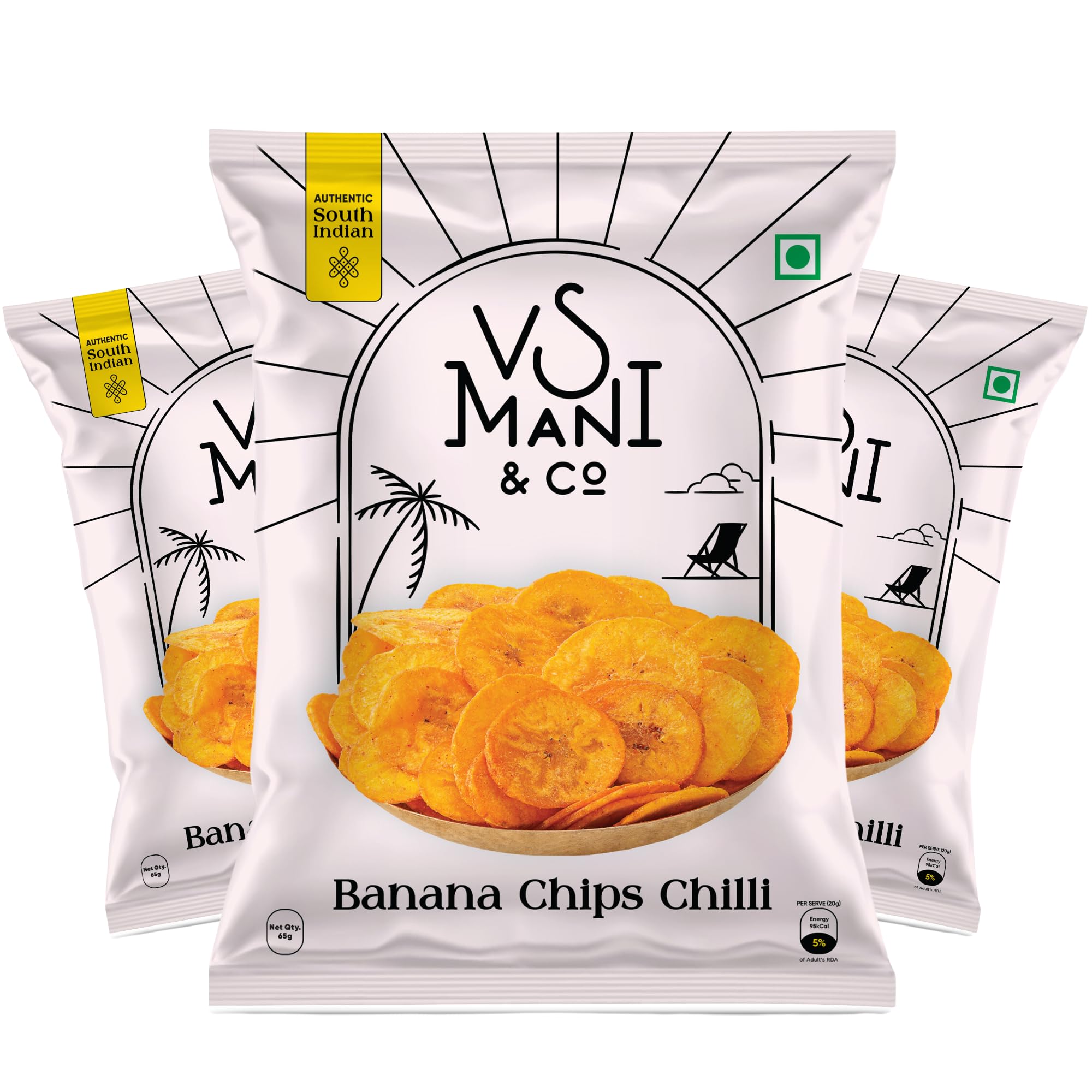 VS MANI & CO. Vs Mani & Co Authentic South Indian Chilli Banana Chips | Crispy Banana Chips | Wafer | Tasty Snacks | Ready To Eat (Pack Of 3) 65 Gm Each - Chili