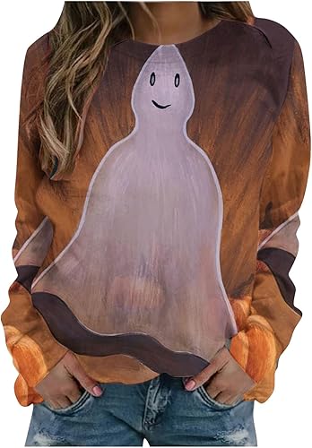Halloween Spooky T-Shirt for Women Casual Fall Graphic Tee Vacation Long Sleeve Tops Cute Round Neck Tee Shirt