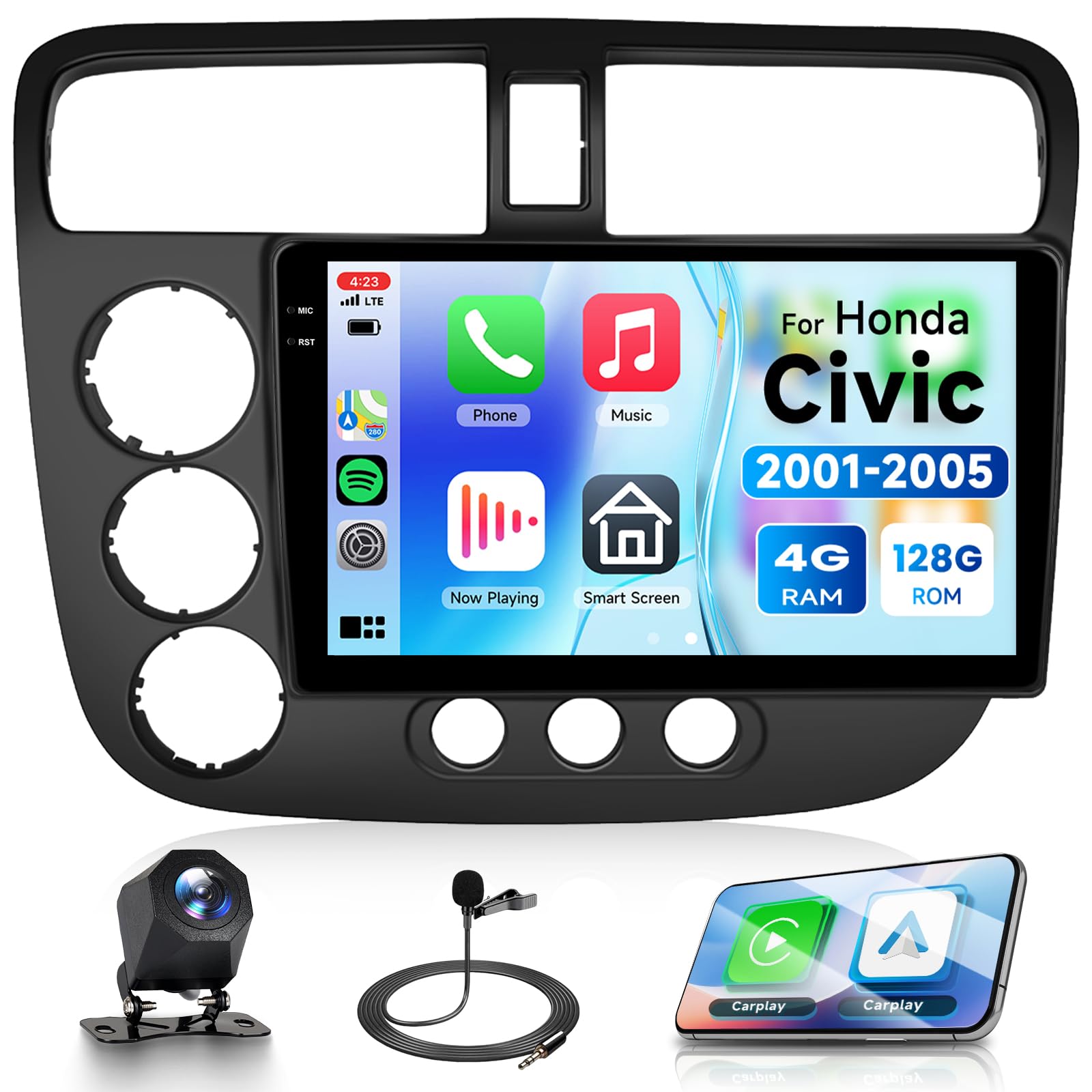 [Android 15/4G+128G] for Honda Civic 2001-2005 Android 15.0 Car Radio Stereo with Wireless Carplay/Android Auto 9" in-Cell Touchscreen 5Ghz-WiFi GPS Navigation Backup Camera EQ Bluetooth FM/RDS SWC