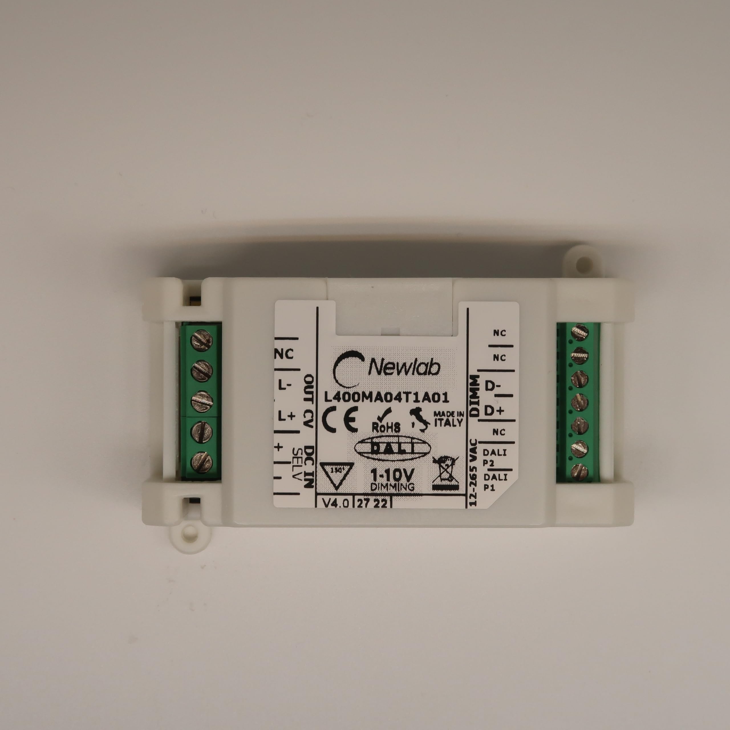 AstraLED - Regulador para tiras LED monocanal de tensión 12 Vdc / 24 Vdc / 48 Vdc, multifunción pulsador 0-10 V 1-10 V DALI. Newlab L400MA04TA01 - Fabricado en Italia