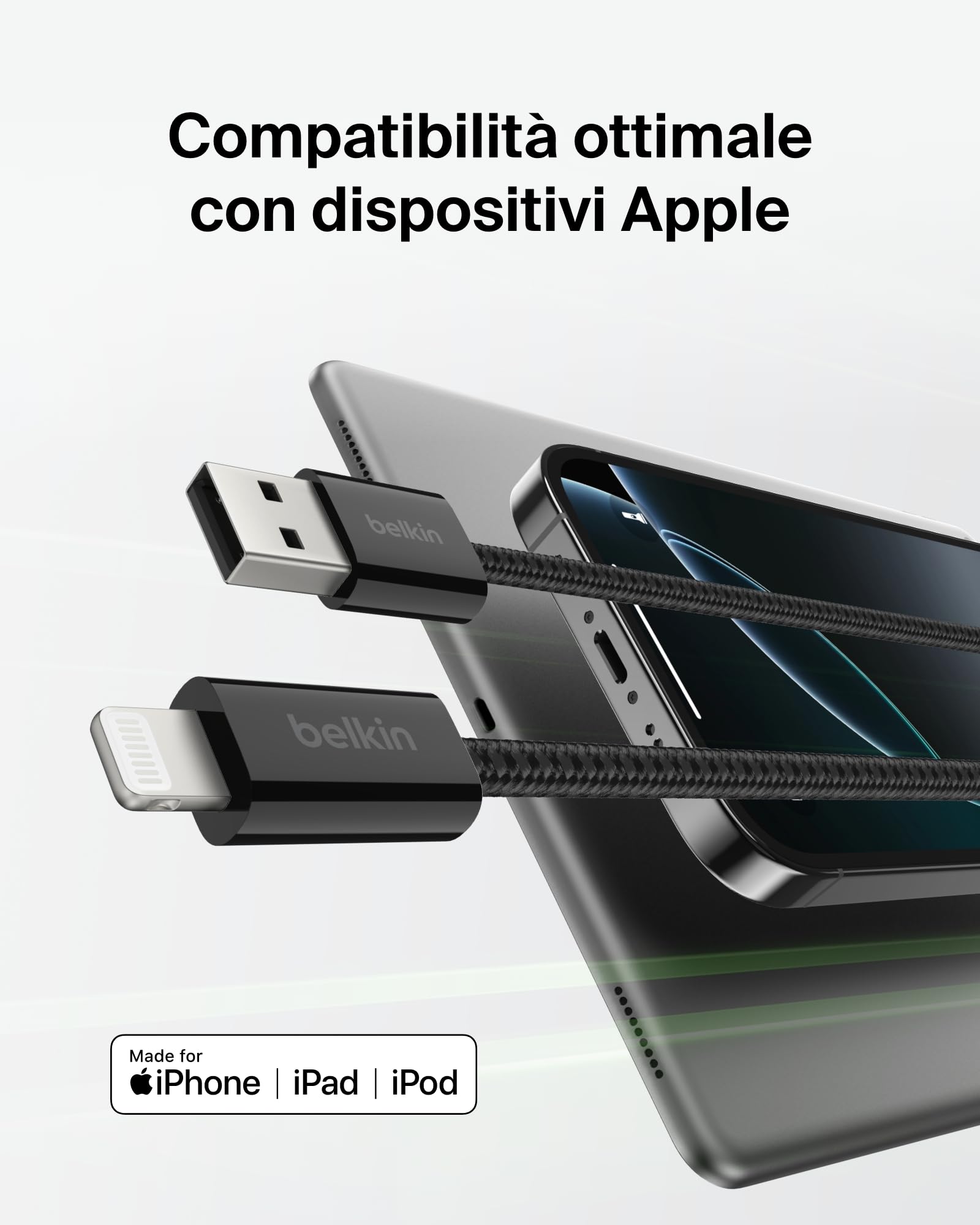 Belkin Confezione da 2 cavi intrecciati USB-A con connettore Lightning da 1,5 m, cavo flessibile per ricarica rapida, cavo Lightning per iPhone 14 e precedenti, iPad 9a gen. e AirPods, nero