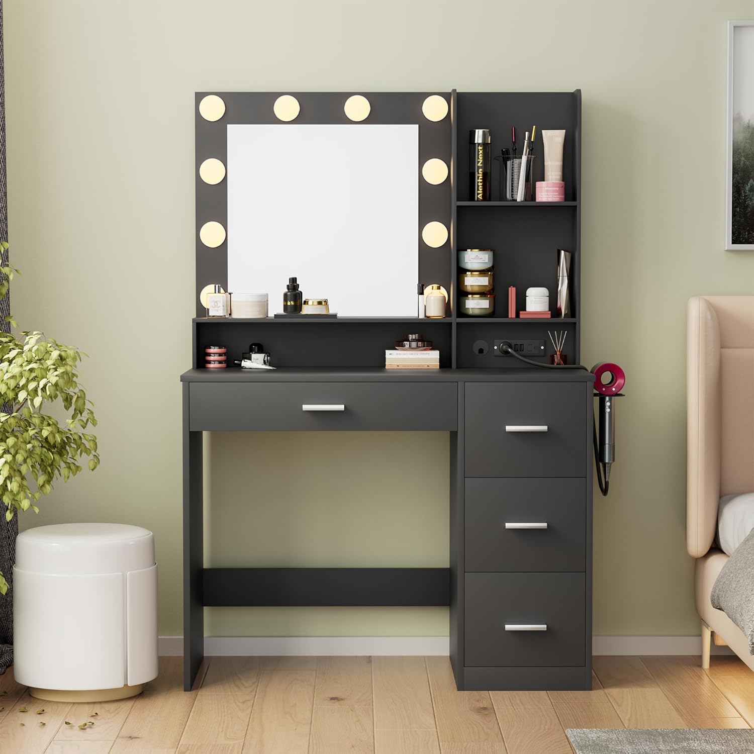 JUMMICO 39.3'' Vanity Desk with LED Lighted Mirror & Power Outlet for Bedroom & Dressing Room