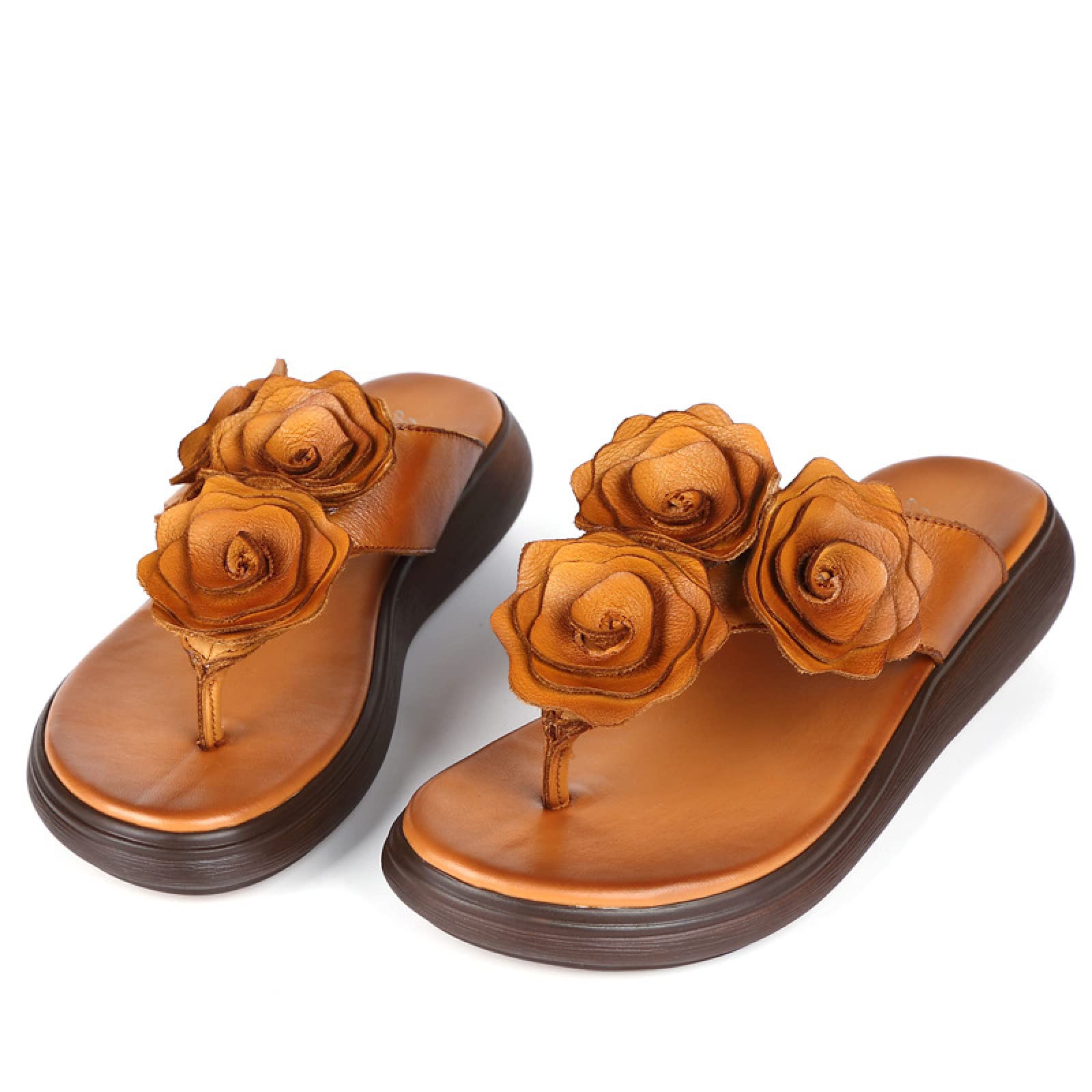 Pantuflas de Cuero de Estilo étnico Mori Flower Platform Chanclas para Mujer,marrón,40