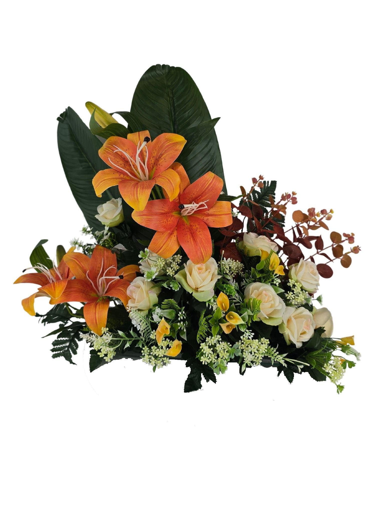 DRW Centro de Flores Artificiales Naranja para Interior y Exterior Sepultura Iglesias Decoracion hogar con liliums y Rosas 65x23x50