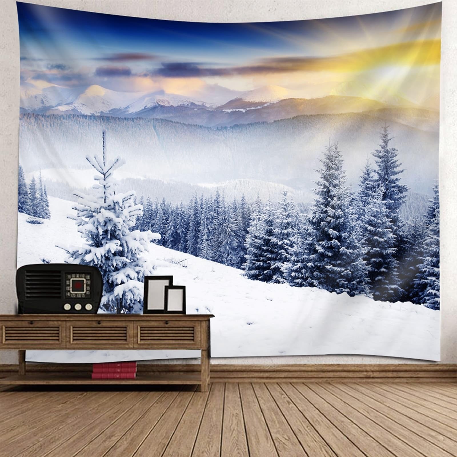 Tapiz de pared con paisaje del amanecer y bosque nevado en poliéster blanco y amarillo, 150x150cm