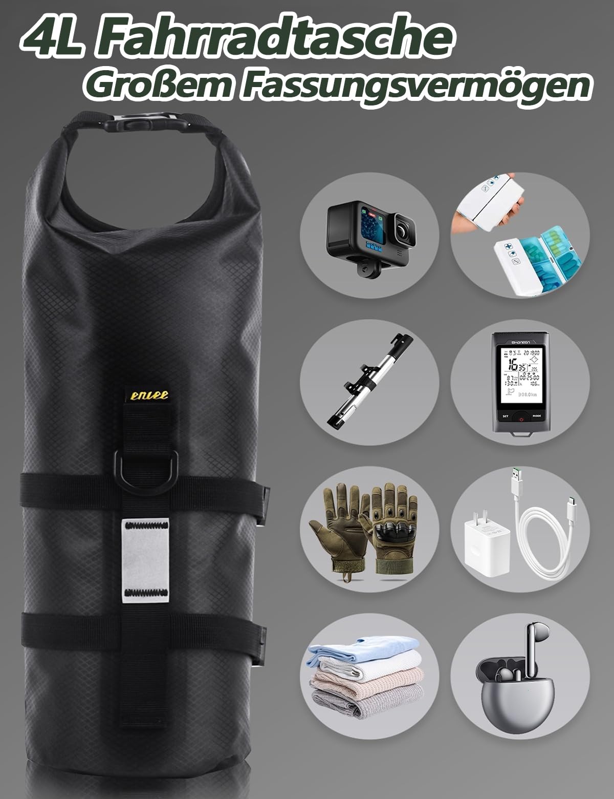2 juegos de alforjas para bicicleta, 4 L + 4 L, con soporte versátil, 100 % impermeable, compatible con bicicletas de montaña y carretera